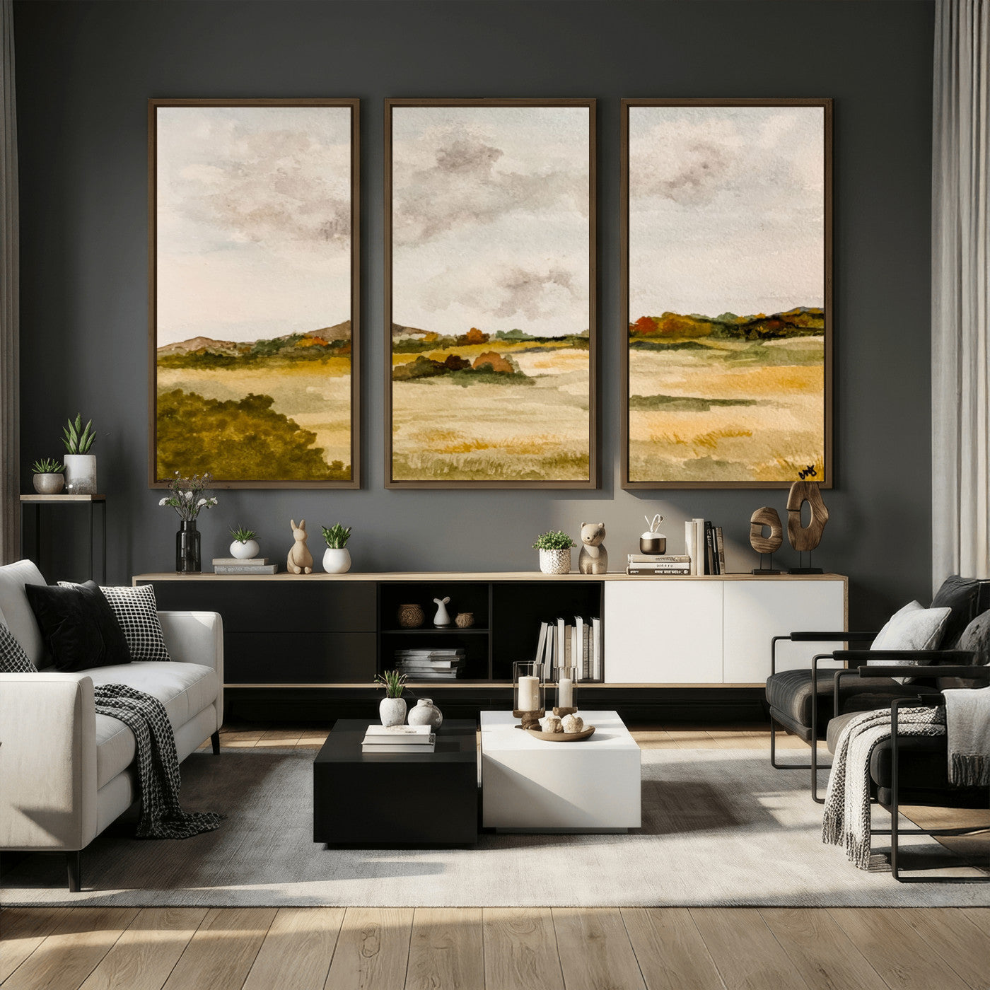 94151004-MGV-CV-36X24 - Watercolor Abstract Countryside Wall Art Canvas Print, Neutral Pastoral Landscape Painting Wall Decor for Modern Farmhouse Interiors