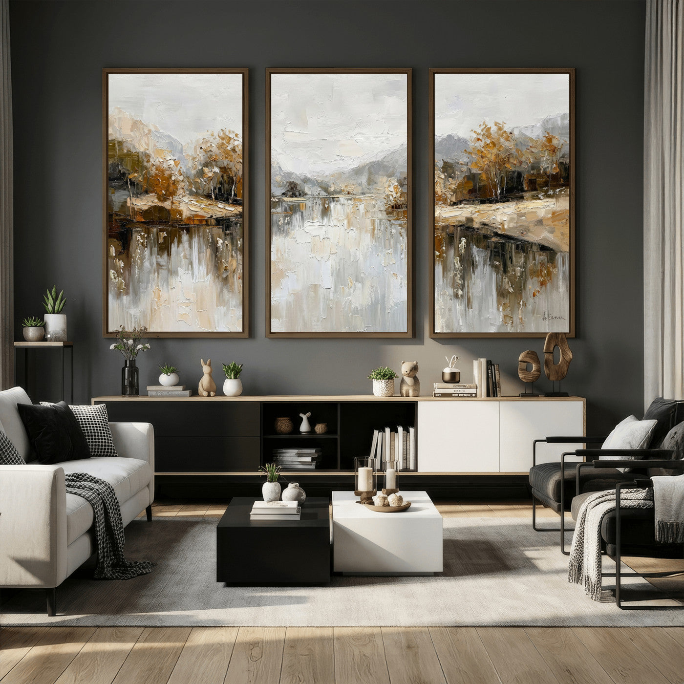 78227690-MGV-CV-36X24 - Neutral Abstract Lake Landscape Wall Art Canvas Print, Modern Minimal River Reflection Canvas Print, Beige Gray Contemporary Nature Art Printing