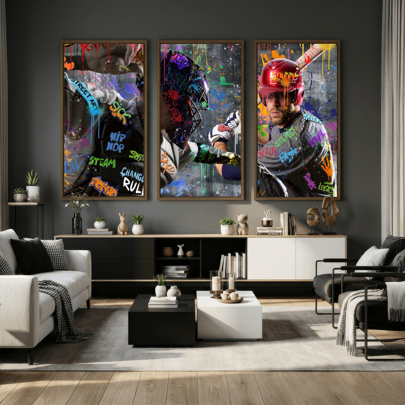 19634994-MGV-CV-36X24 - Graffiti Baseball Player Street Art Wall Art Canvas Print, Urban Sports Pop Art Baseball Canvas Print, Modern Athletic Graffiti Contemporary Art Printing