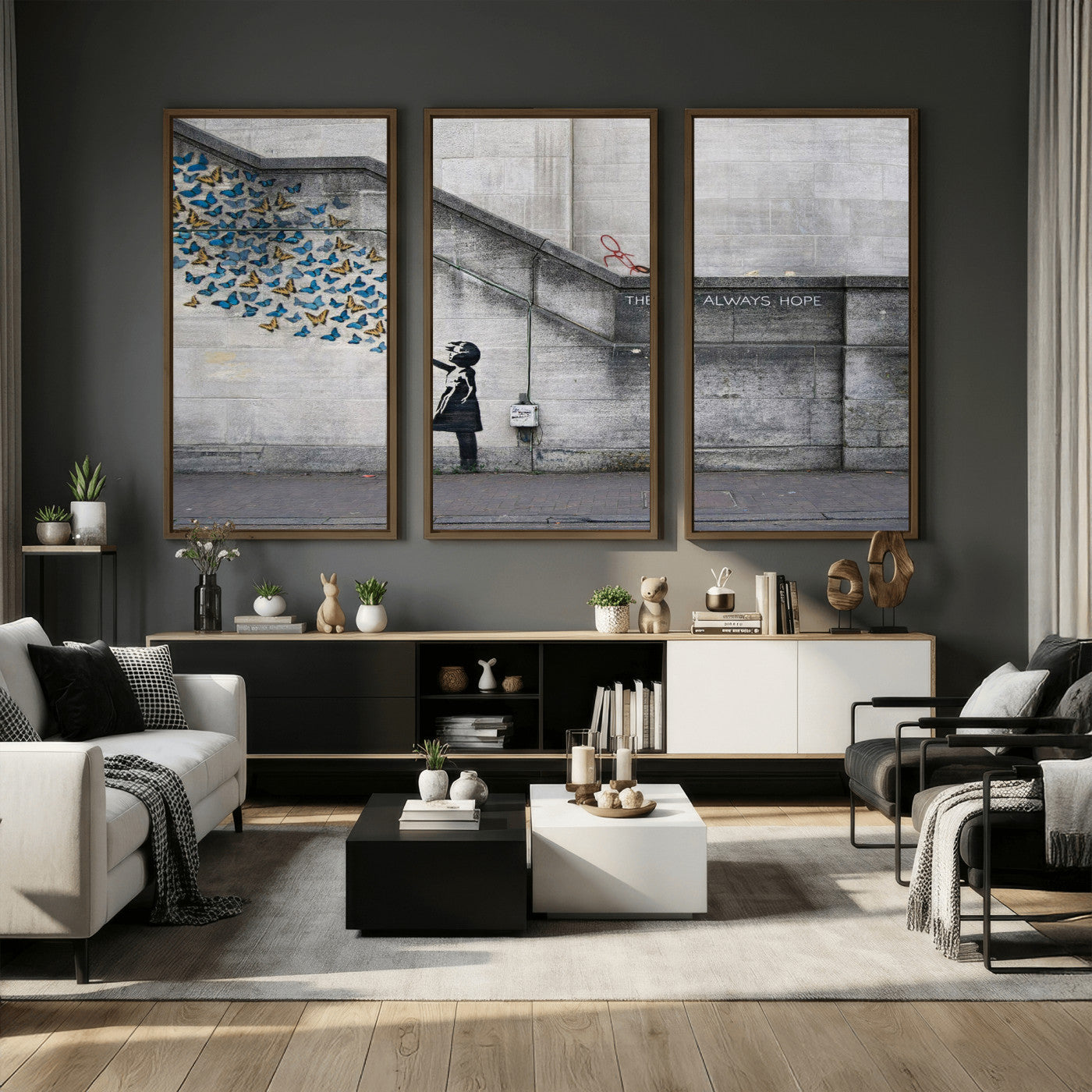 15274223-MGV-CV-36X24 - Banksy Girl with Butterflies Street Art Wall Art Canvas Print, Hope Graffiti Urban Art Canvas Print, Minimalist Inspirational Street Art Contemporary Art Printing