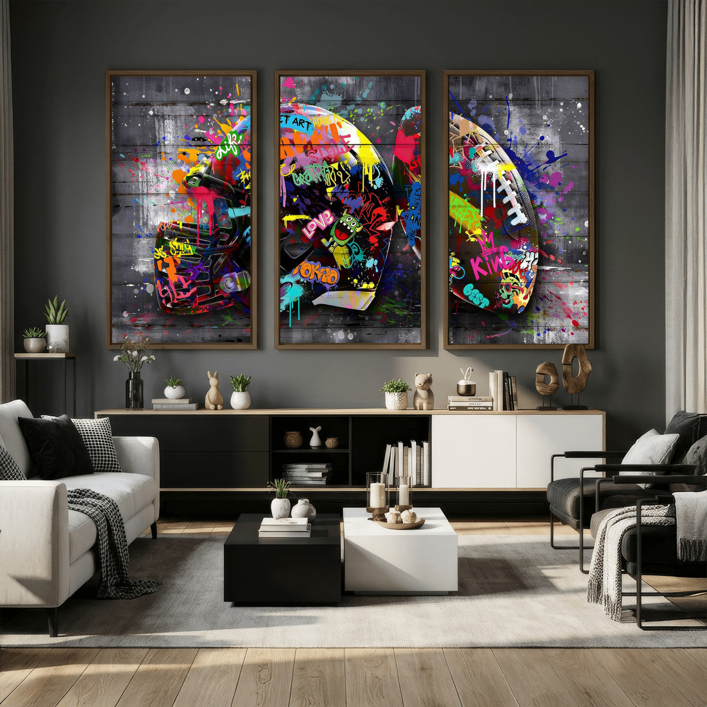 80540773-MGV-CV-36X24 - Graffiti American Football Helmet Street Art Wall Art Canvas Print, Urban Sports Pop Art Football Canvas Print, Colorful Graffiti Sports Contemporary Art Printing