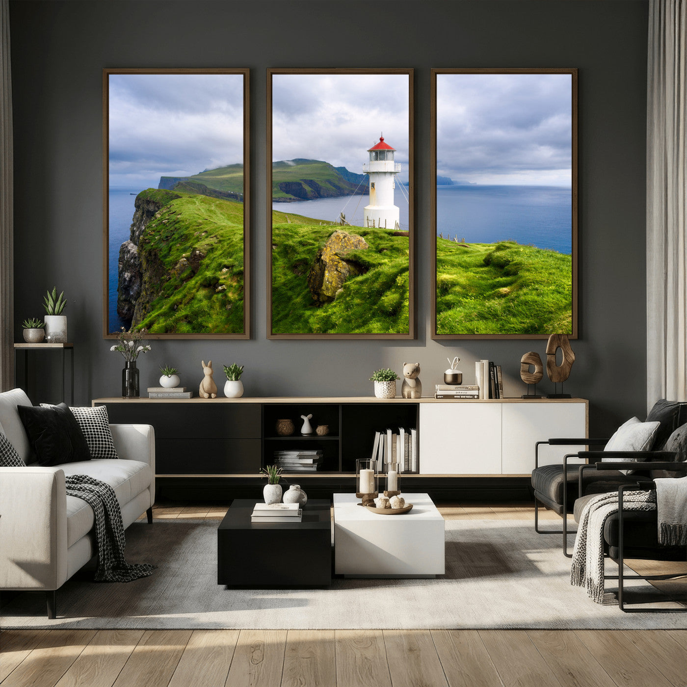 10680390-MGV-CV-36X24 - Coastal Lighthouse Wall Art Canvas Print, Cliffside Ocean Landscape Canvas Print, Scandinavian Coastal Decor for Living Room