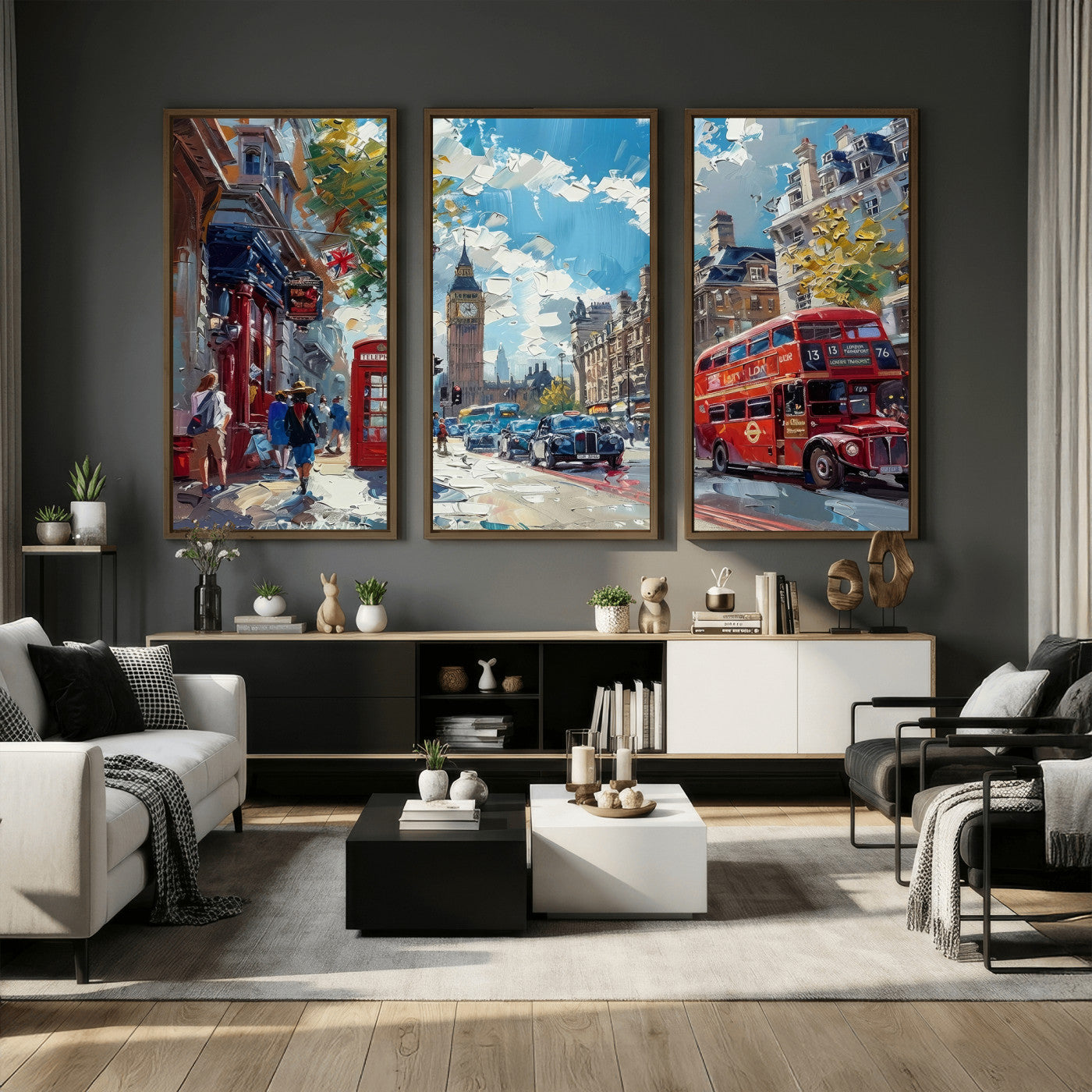 17630888-MGV-CV-36X24 - Modern London City Street Wall Art Canvas Print, Big Ben & Red Bus Artwork Canvas Print