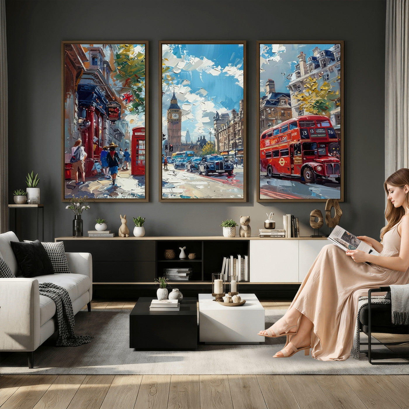 17630888-MGV-CV-36X24 - London Street Canvas Wall Art — Big Ben Red Bus Print | Oil Painting Style | UK City Wall Decor | Travel Art Gift | Living Room Print