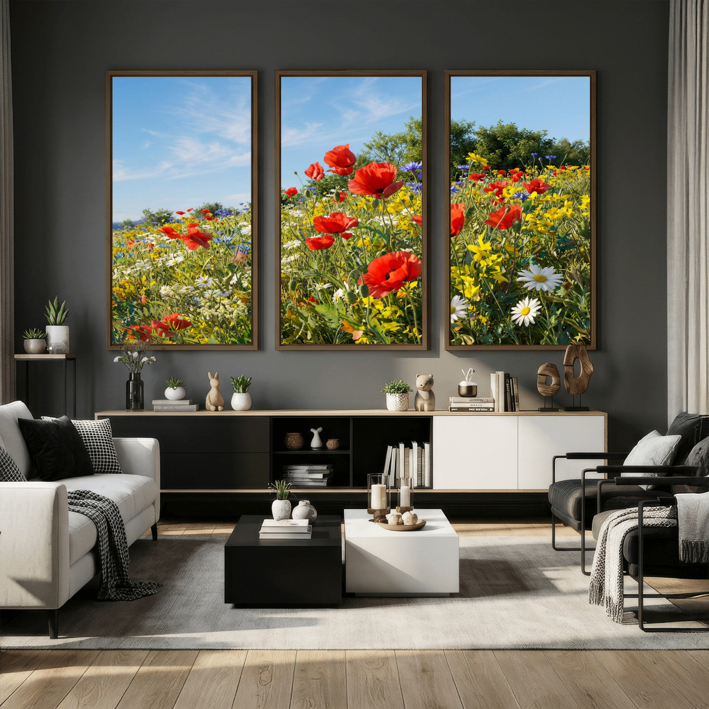 38570784-MGV-CV-36X24 - Wildflower Meadow Wall Art Canvas Print – Colorful Poppy and Daisy Field Landscape Artwork for Living Room Decor