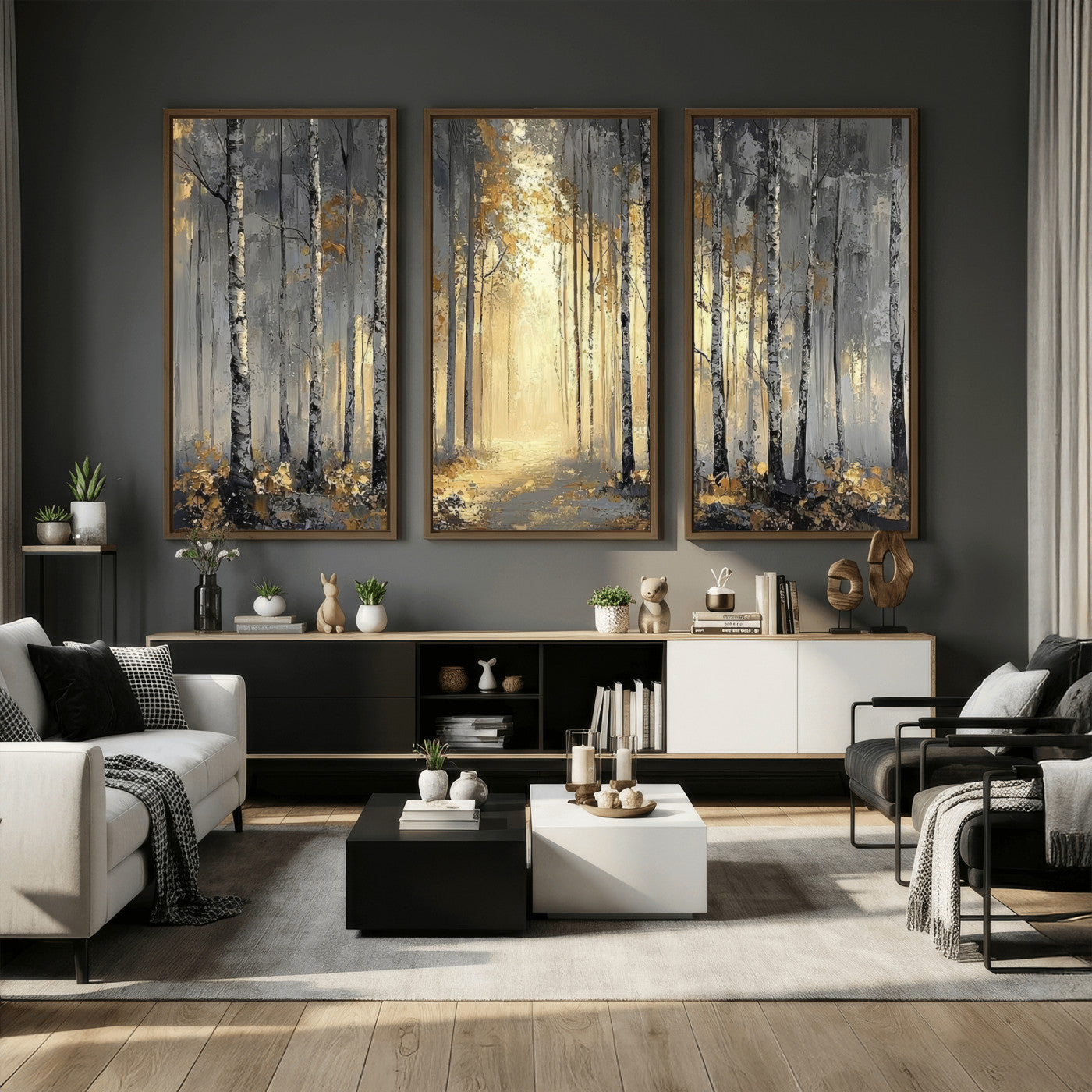 41017042-MGV-CV-36X24 - Abstract Birch Forest Wall Art Canvas Print – Modern Neutral Woodland Landscape Artwork for Living Room Decor