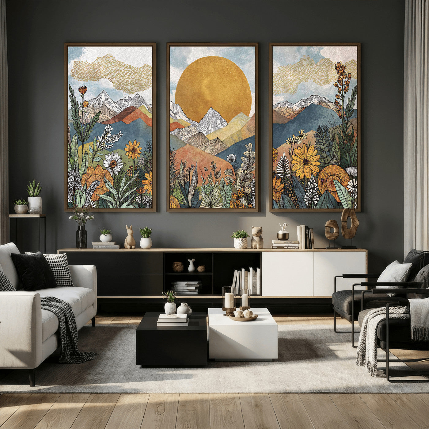 17540863-MGV-CV-36X24 - Boho Mountain Landscape Large Wall Art, Horizontal Gold Framed Canvas Print with Sun and Flowers