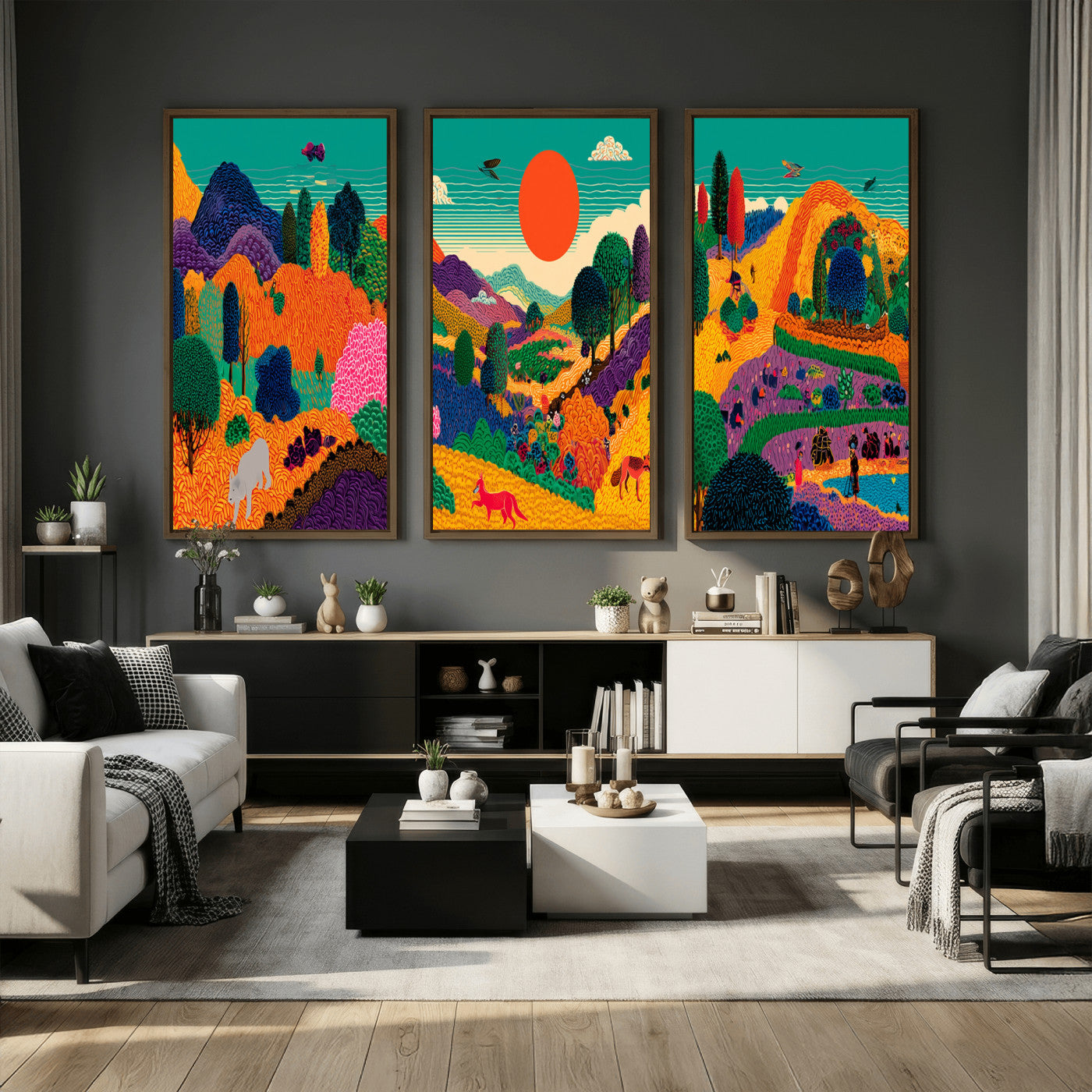 45710397-MGV-CV-48X32-3P - Colorful Japanese Landscape Print: Maximalist Panoramic Wall Art