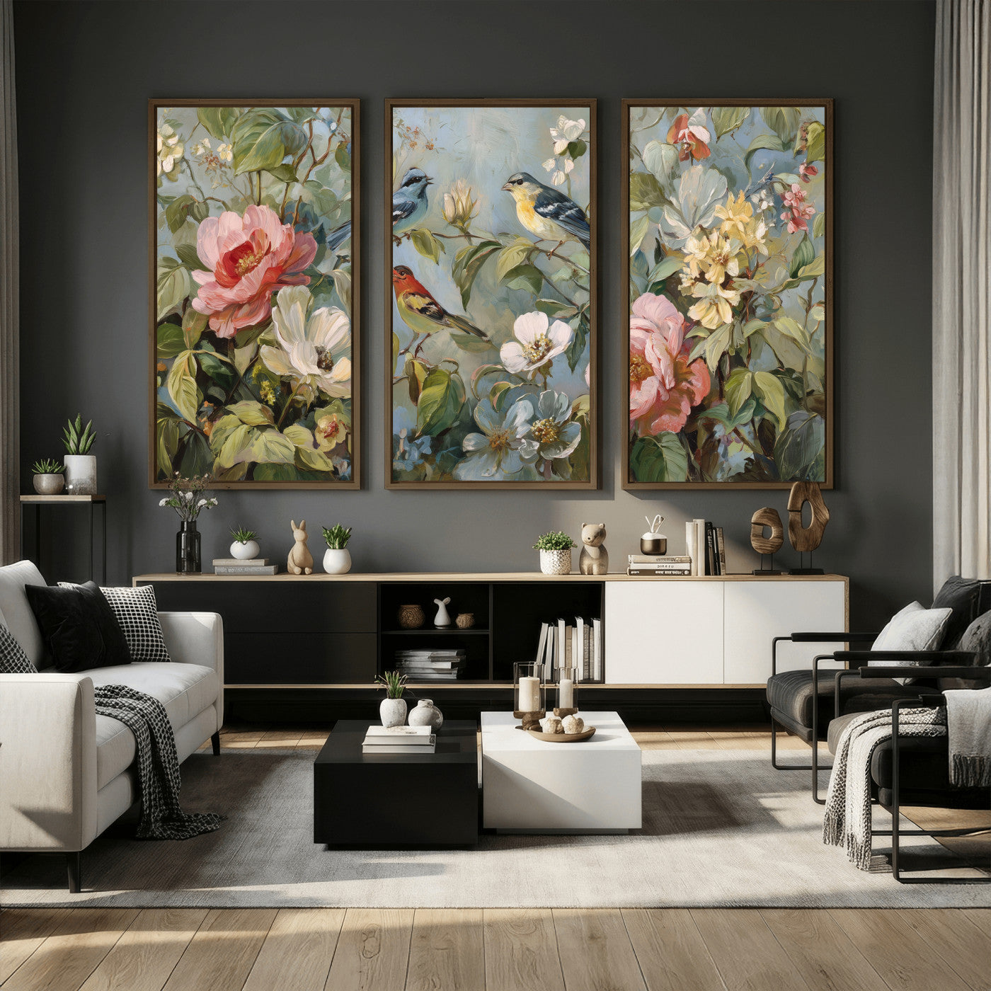 55440837-MGV-CV-36X24 - Vintage Birds and Flowers Wall Art Canvas Print, Botanical Bird Painting Canvas Print, Floral Garden Bird Artwork Canvas Print, Classic Bird Flower Painting Canvas Print