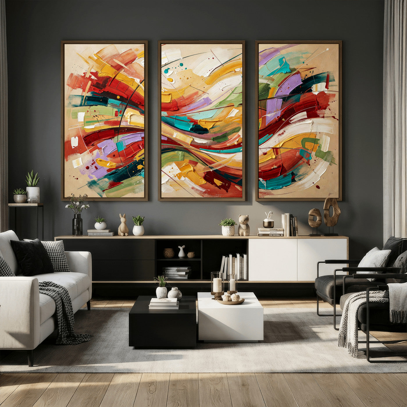 39887645-MGV-CV-36X24 - Geometric Abstract Wall Art Canvas Print, Orange Blue Abstract Expressionist Painting Print, Modern Geometric Abstract Canvas Art