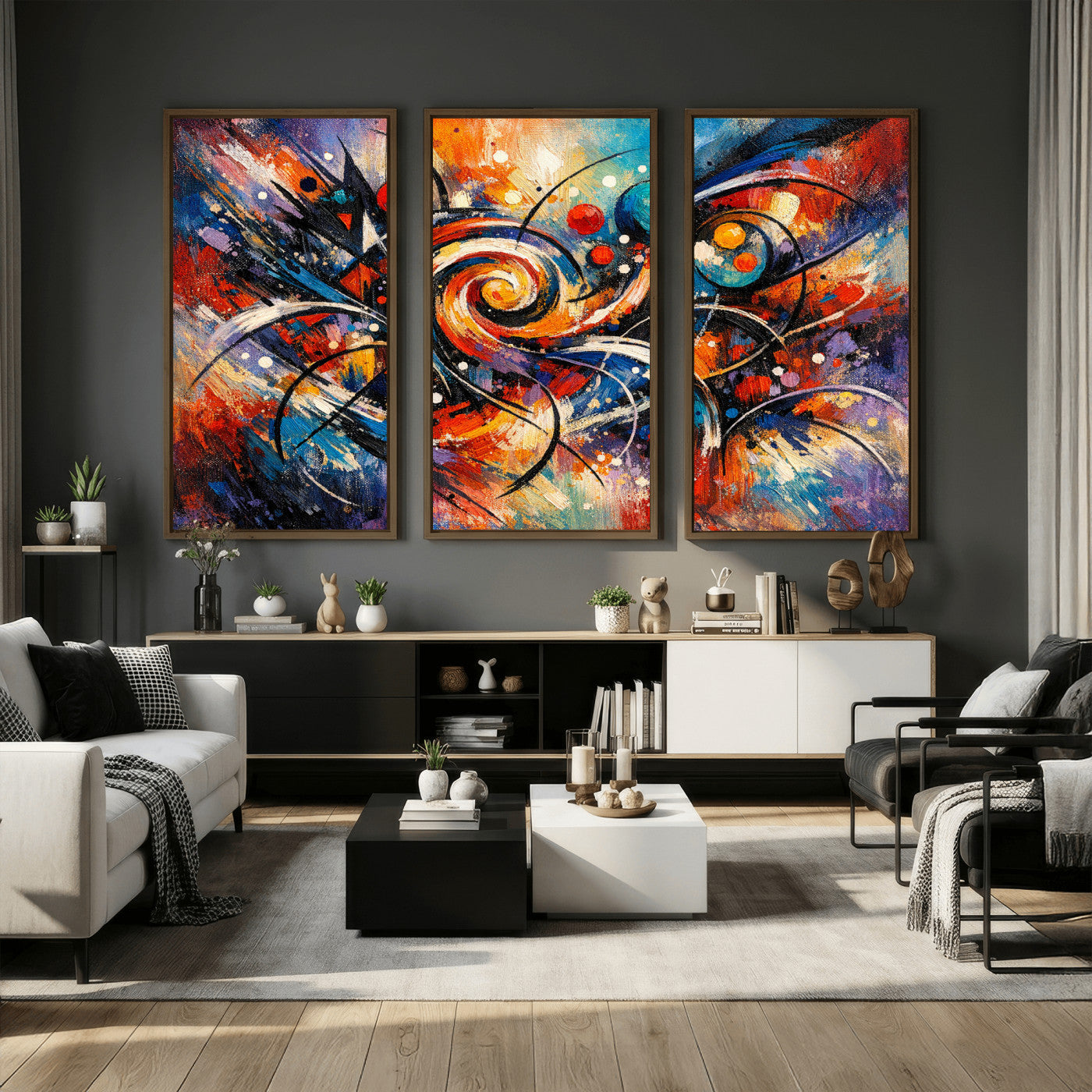 60193267-MGV-CV-36X24 - Geometric Abstract Wall Art Canvas Print, Orange Blue Abstract Expressionist Painting Print, Modern Geometric Abstract Canvas Art