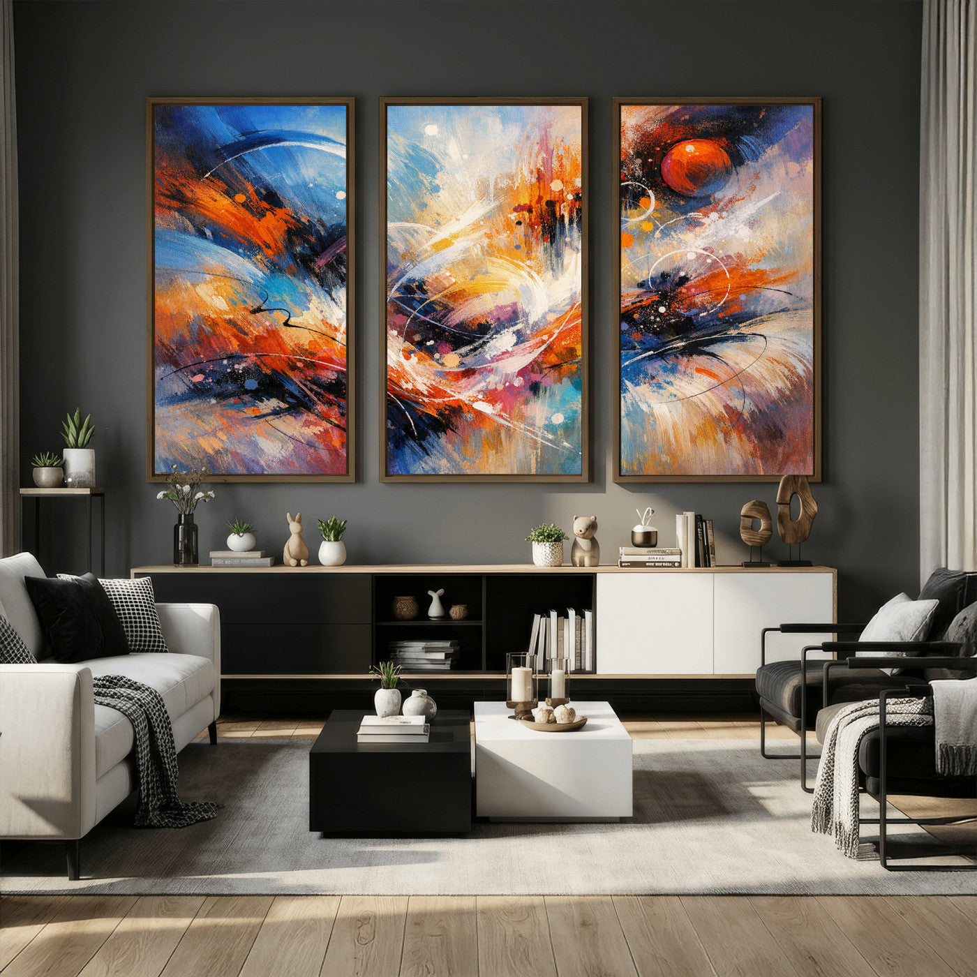 47770355-MGV-CV-36X24 - Geometric Abstract Wall Art Canvas Print, Orange Blue Abstract Expressionist Painting Print, Modern Geometric Abstract Canvas Art