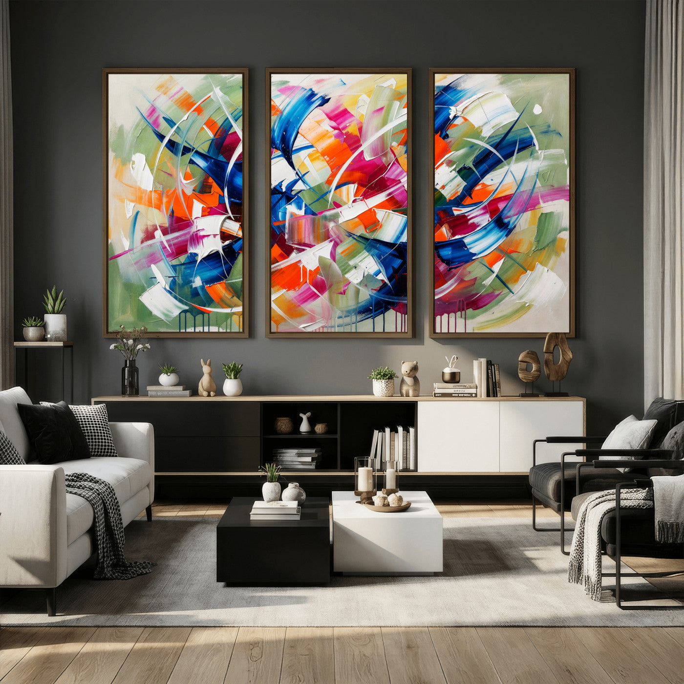 15032888-MGV-CV-36X24 - Geometric Abstract Wall Art Canvas Print, Orange Blue Abstract Expressionist Painting Print, Modern Geometric Abstract Canvas Art