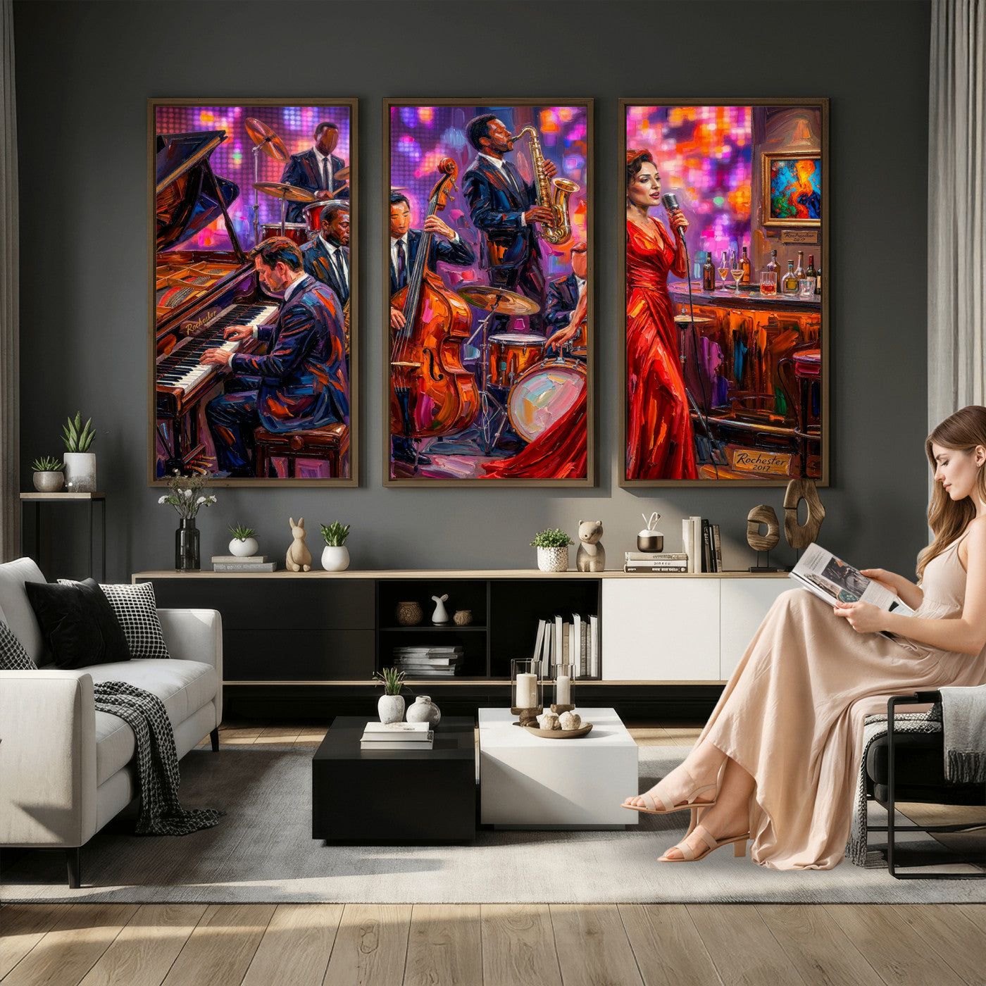 620930J20-MGV-CV-36X24 - Jazz Band Canvas Wall Art — Jazz Club Singer Saxophone Print | Music Wall Decor | Bar Restaurant Art | Music Lover Gift | Jazz Home Decor