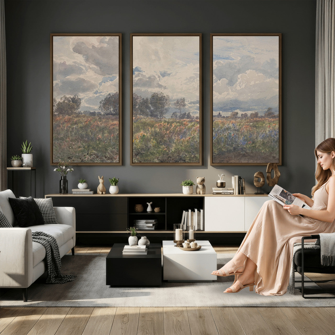 76626885-MGV-CV-36X24 - Vintage Watercolor Meadow Canvas Wall Art — English Pastoral Wildflower Storm Sky Print | Cottagecore Nature Decor | Classic Landscape Gift