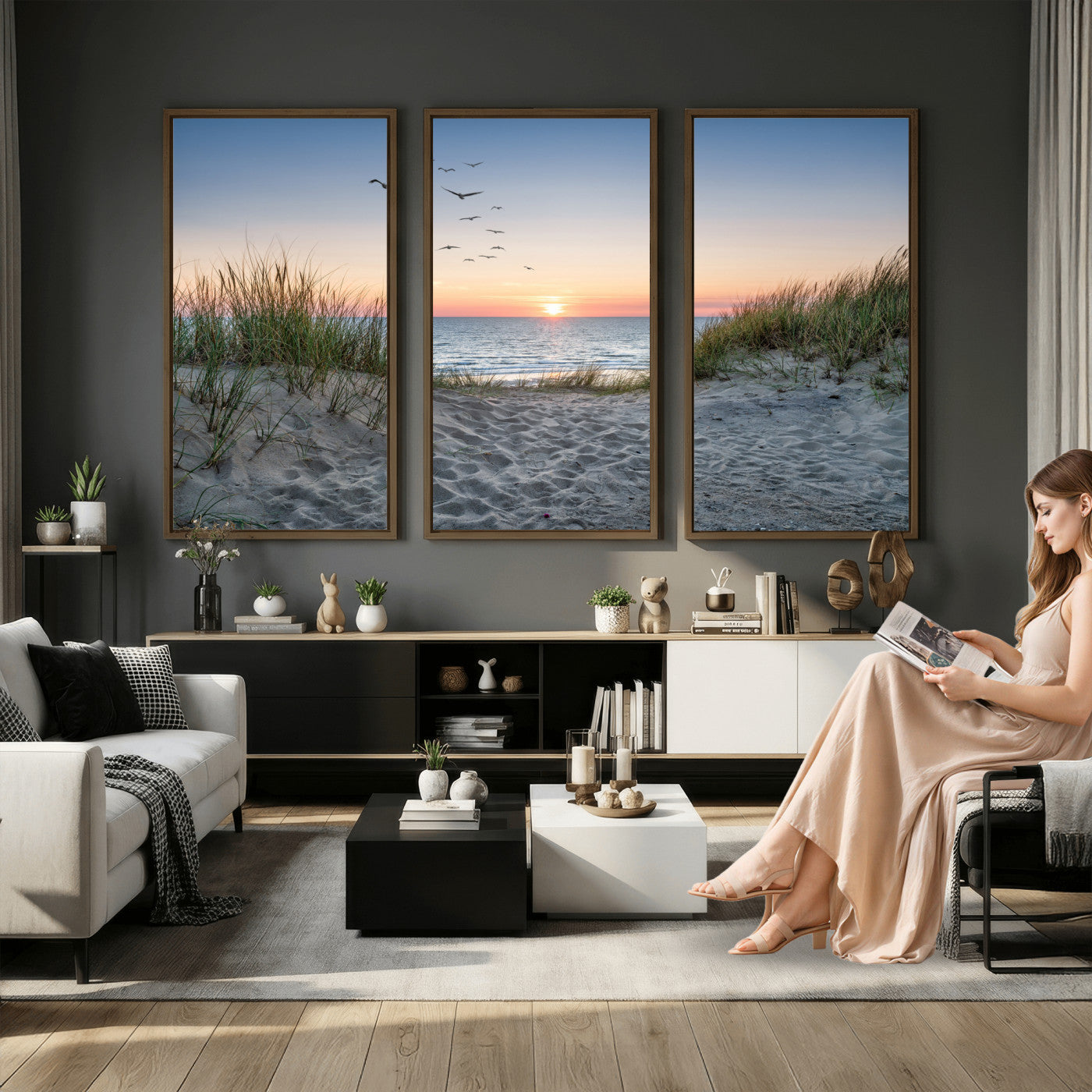 12172032-MGV-CV-36X24 - Sandy Dune Path Sunset Canvas Wall Art — Seagulls Beach Ocean Photography Print | Coastal Home Decor | Nautical Wall Art | Beach House Gift