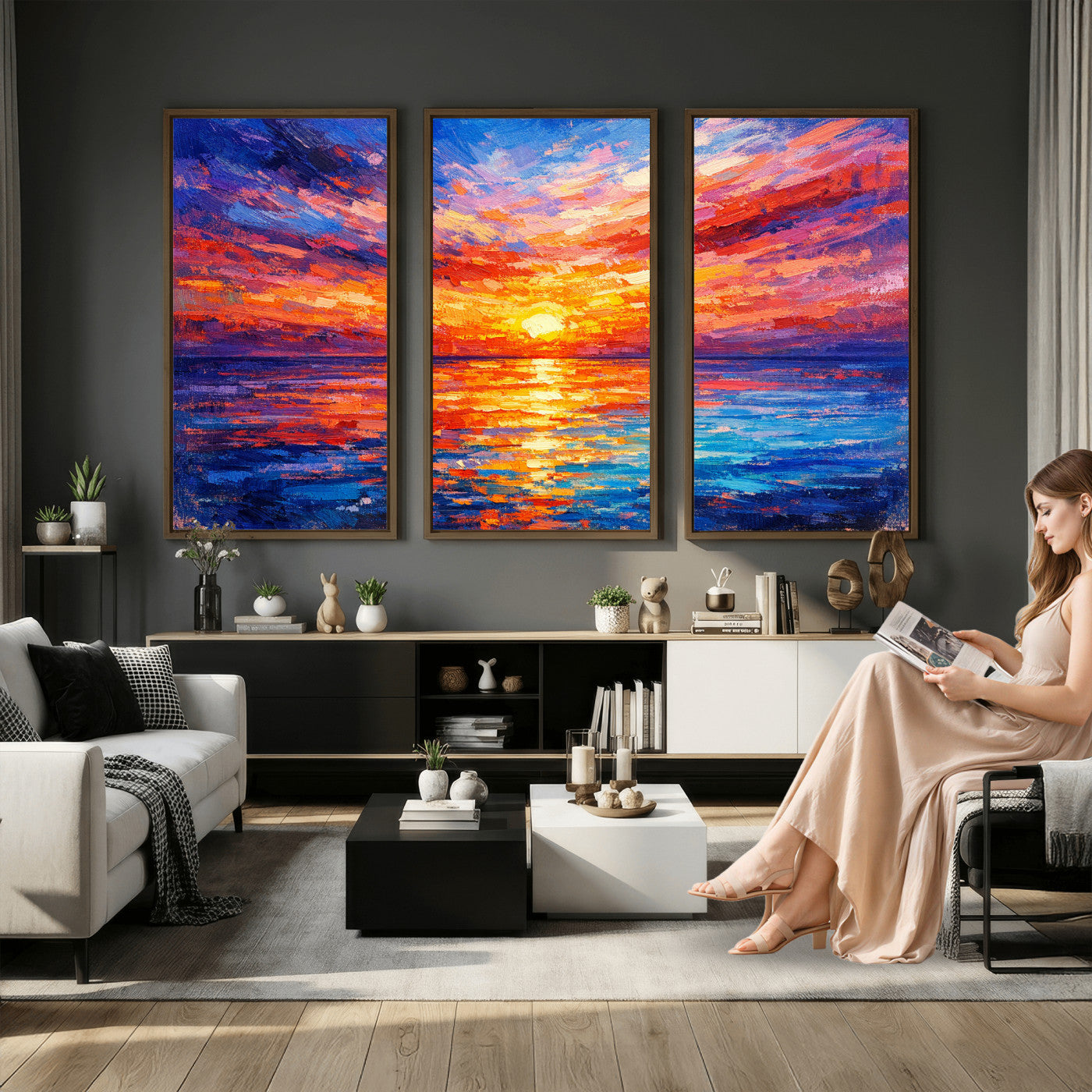 54915078-MGV-CV-36X24 - Colorful Knife Ocean Sunset Canvas — Orange Pink Teal Expressionist Sea Print | Colorful Coastal Wall Art | Vibrant Beach Decor Gift