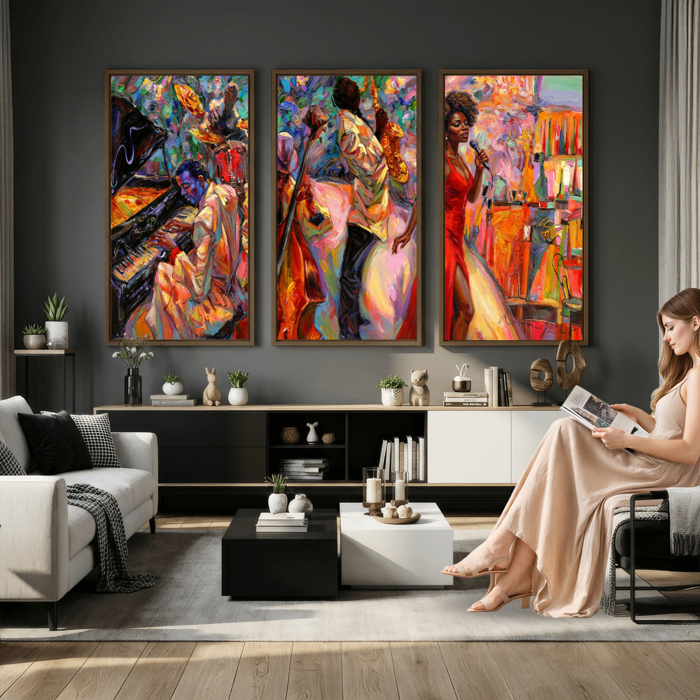 72615137-MGV-CV-36X24 - African American Jazz Singer Canvas Art - Red Dress Black Woman Music Print | Colorful Jazz Band Wall Decor | Living Room Gift for Her