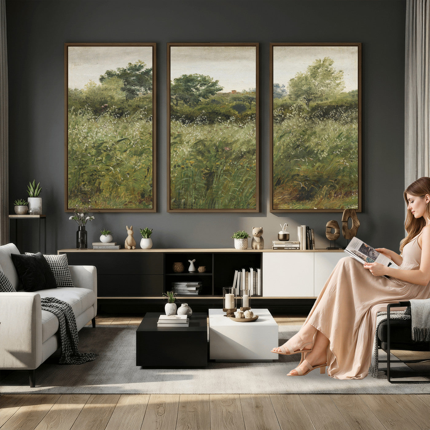 92328261-MGV-CV-36X24 - Wildflower Meadow Canvas Wall Art, Impressionist Overgrown Field Painting Print, Vintage Green Nature Decor, Cottagecore Botanical Art, Living Room Print