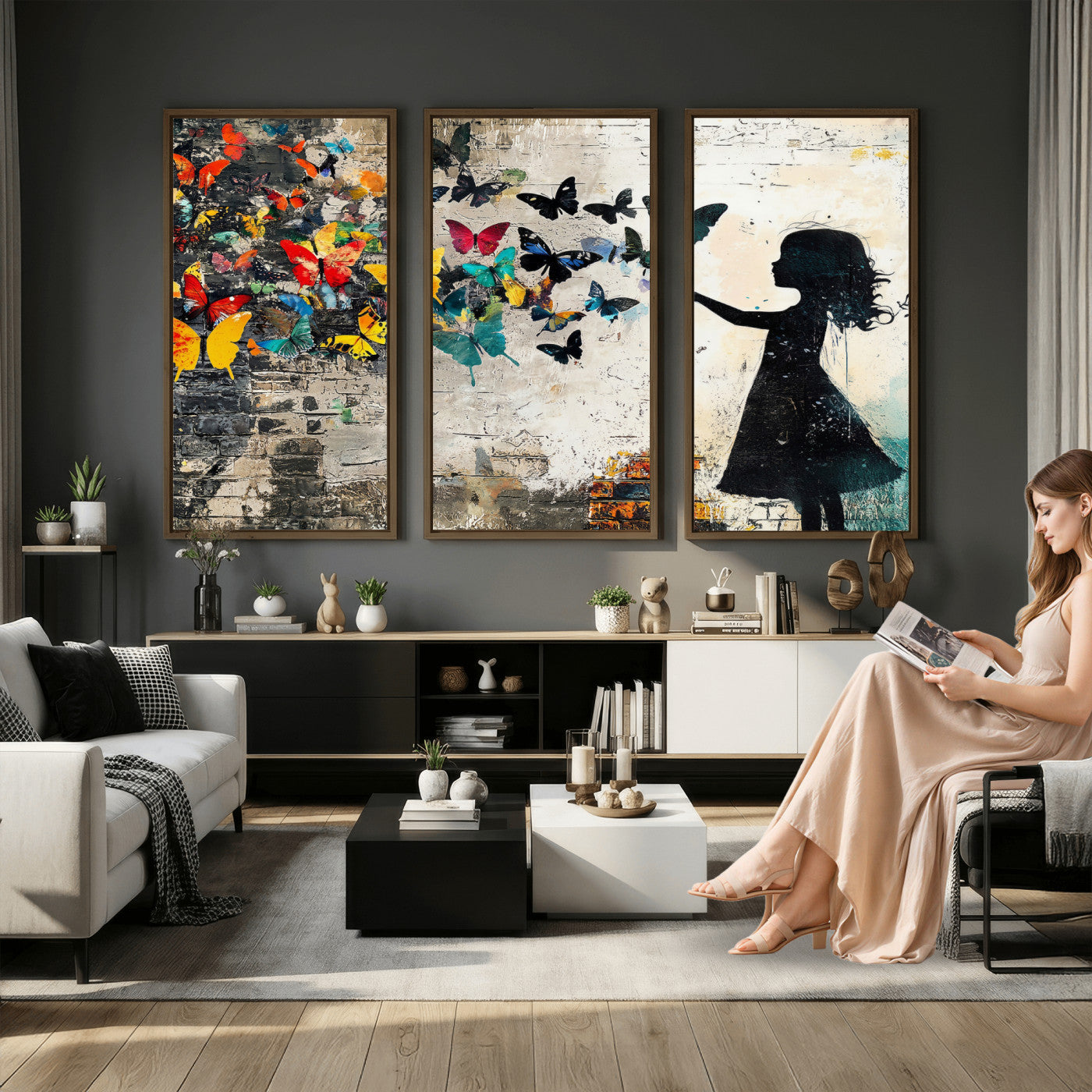 33909022-MGV-CV-36X24 - Banksy Butterfly Girl Wall Art Canvas Print, Framed Street Art Silhouette Graffiti Artwork, Colorful Butterfly Wall Decor for Living Room Bedroom Office