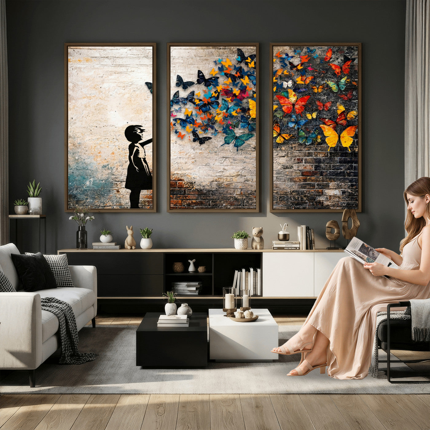 78760384-MGV-CV-36X24 - Banksy Graffiti Butterfly Girl Wall Art Canvas Print, Framed Street Art Canvas Print, Silhouette Butterfly Wall Art for Living Room Bedroom Office