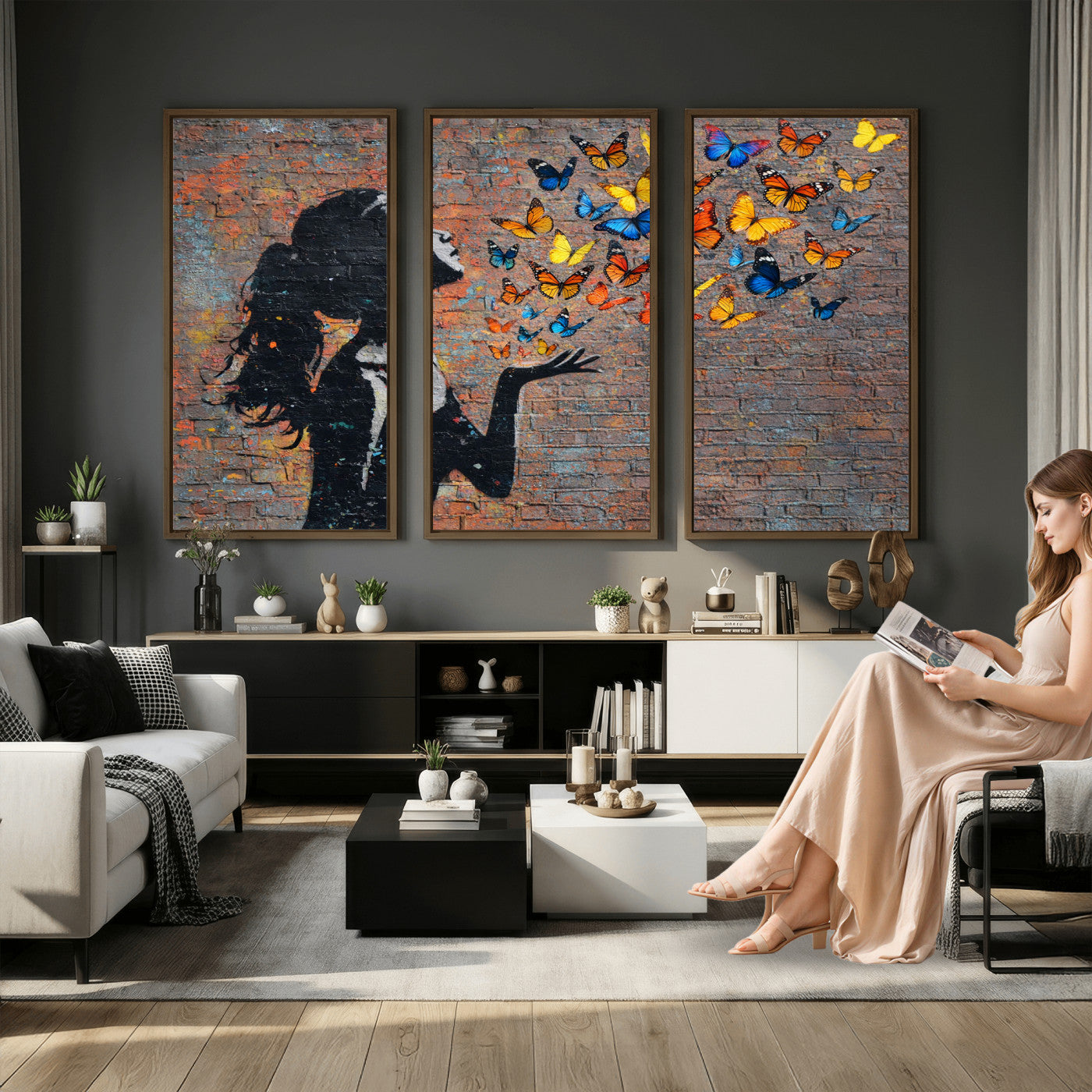 10555939-MGV-CV-36X24 - Urban Banksy Butterfly Girl Wall Art Canvas Print, Framed Street Art Canvas Print, Graffiti Silhouette Butterfly Wall Art for Living Room Bedroom Office