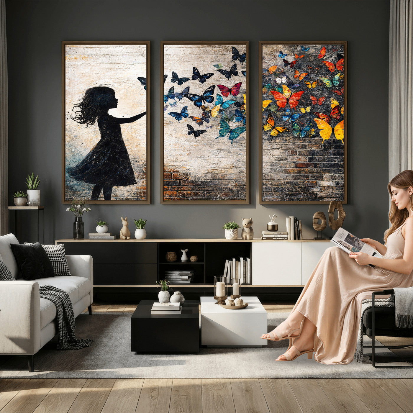 70522594-MGV-CV-36X24 - Banksy Butterfly Girl Wall Art Canvas Print, Framed Street Art Canvas Print, Graffiti Silhouette Butterfly Wall Art for Living Room Bedroom Office