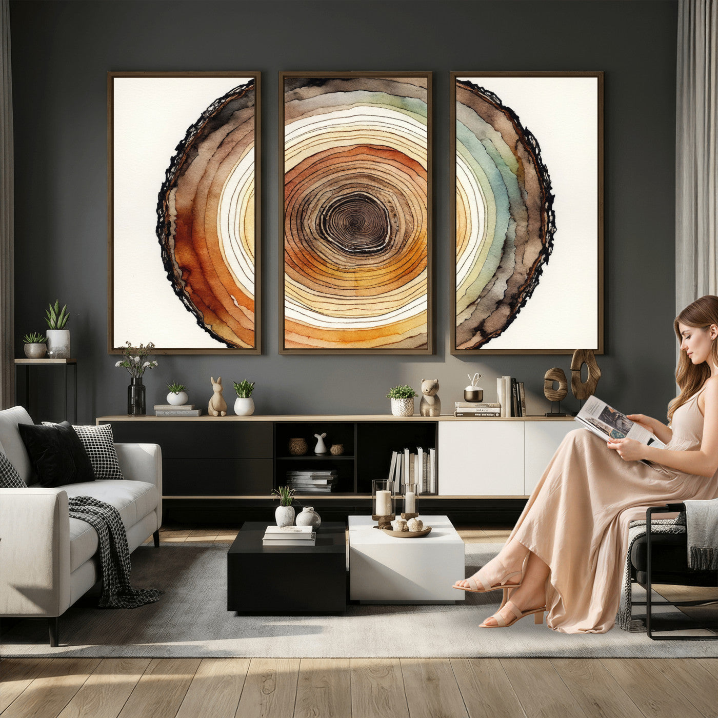13719680-MGV-CV-36X24 - Natural Wood Slice Wall Art Canvas Print, Tree Ring Wall Art, Framed Abstract Nature Wall Decor, Earth Tone Statement Canvas Print