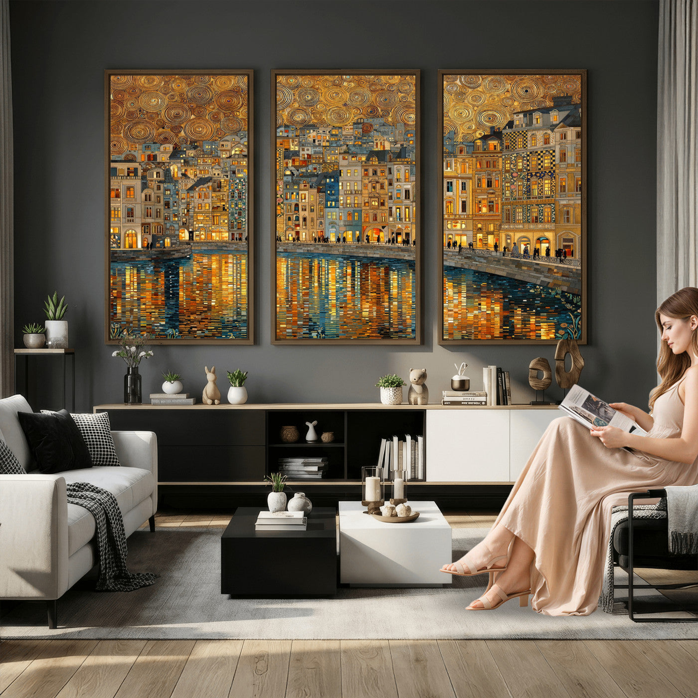 94022787-MGV-CV-36X24 - Gustav Klimt Golden Cityscape Wall Art Canvas Print, Framed River Town Landscape Artwork, Ornate Architecture Wall Decor for Living Room Bedroom Office