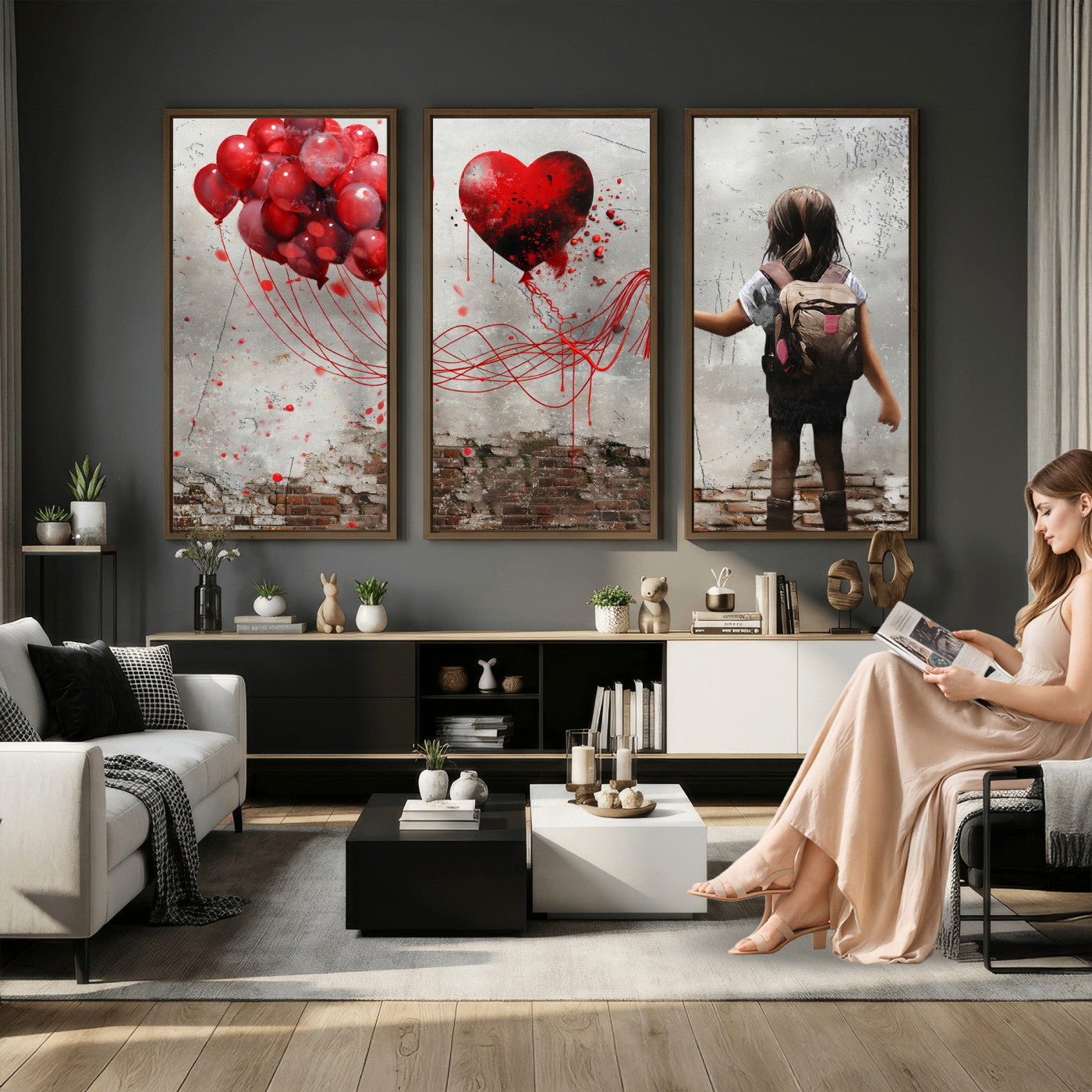 2162830T-MGV-CV-36X24 - Girl Graffiti Wall Art Canvas Print, Red Balloon Heart Street Art, Urban Love Artwork for Living Room Bedroom Hallway Office, Modern Abstract Canvas Wall Decor Home Decor