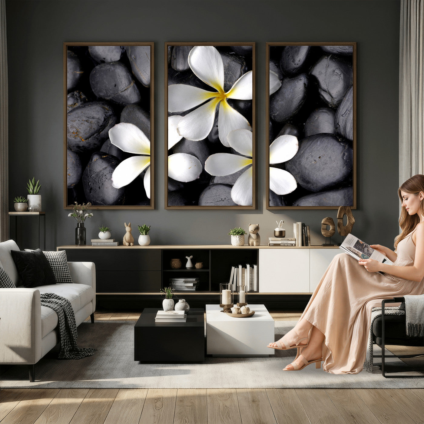 43639613-MGV-CV-36X24 - Plumeria Frangipani Black Stone Canvas | White Flower Spa Photography Print | Tropical Zen Wall Art | Grey Pebble Floral Decor