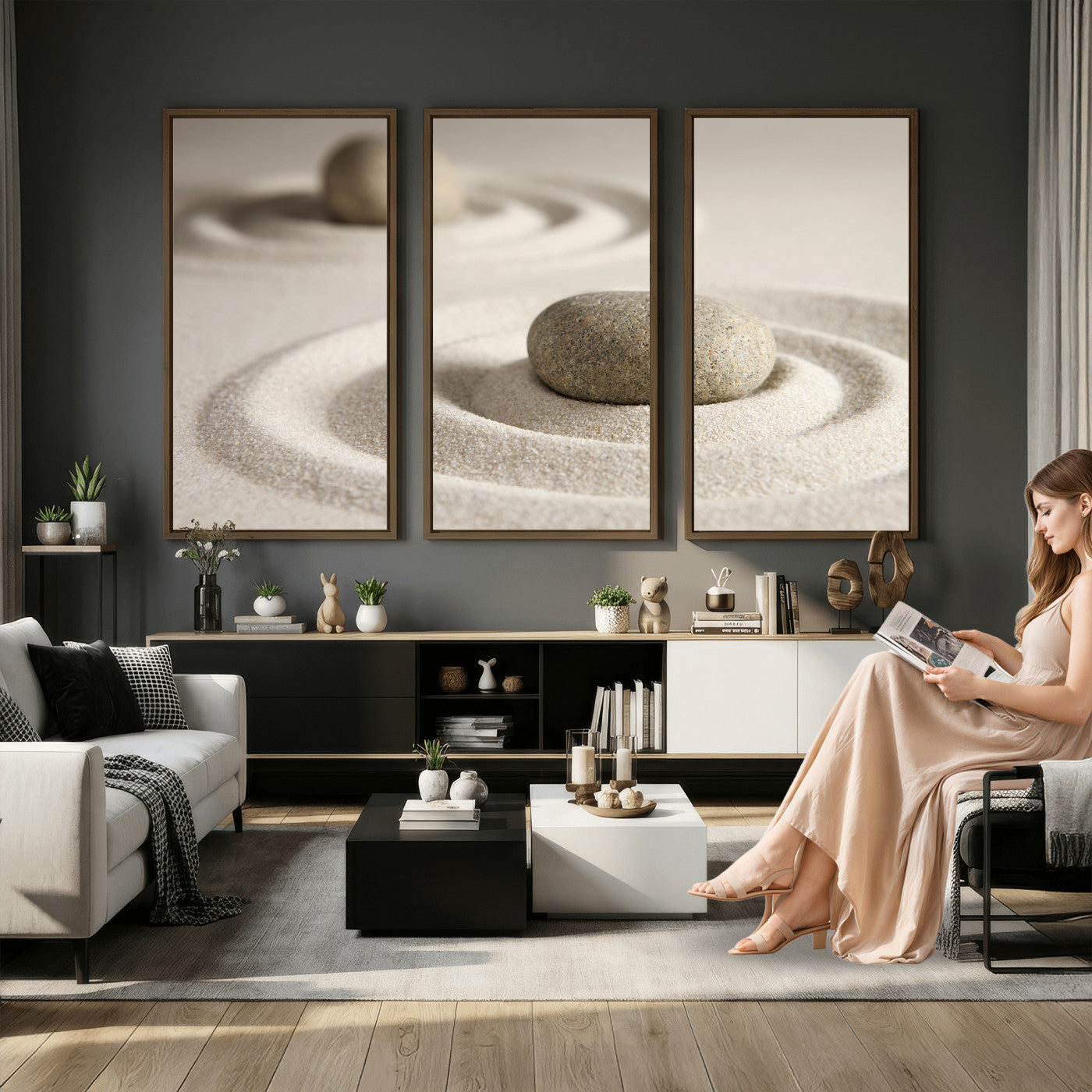 13397966-MGV-CV-36X24 - Zen Garden Stone Sand Canvas | Japanese Rock Garden Wall Art | Minimalist Meditation Print | Neutral Beige Mindfulness Decor