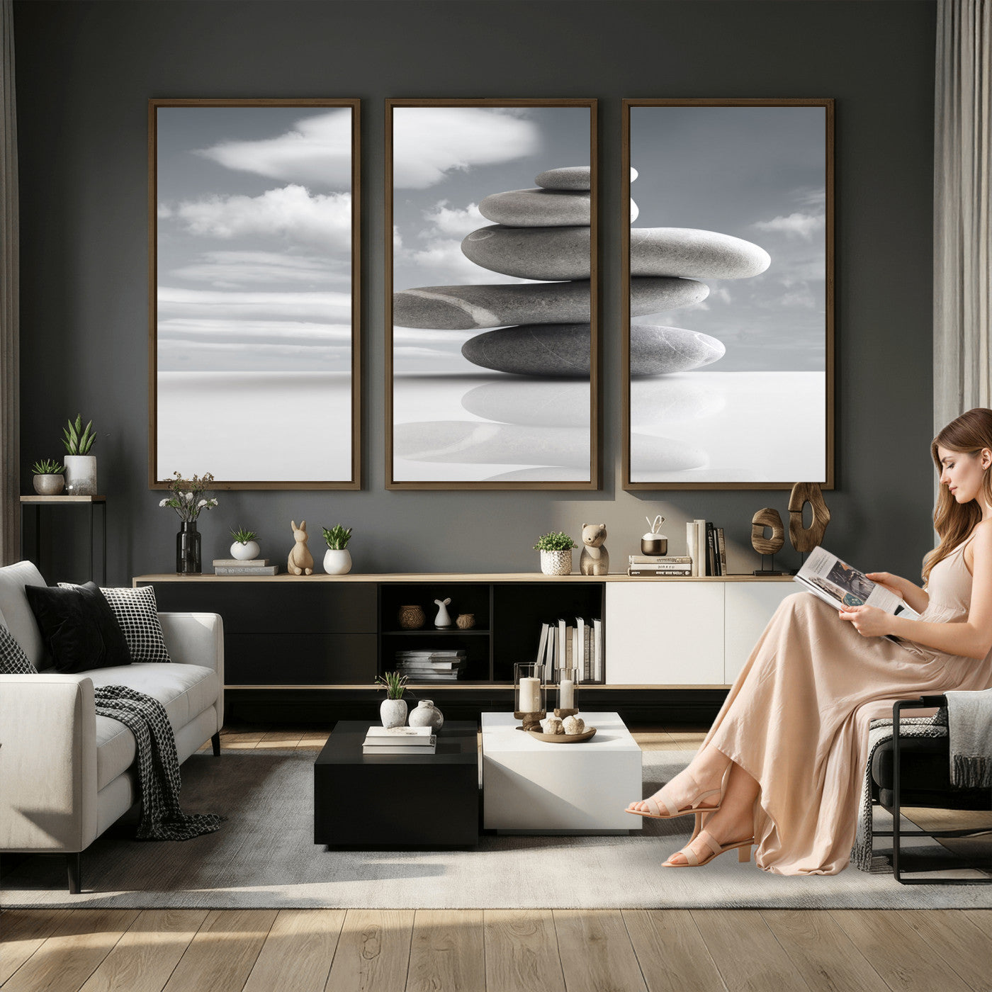 86426188-MGV-CV-36X24 - Zen Stone Wall Art Canvas Print, Balanced Rock Stack Framed Spa Artwork, Minimalist Meditation Decor for Living Room Bedroom Office Bathroom