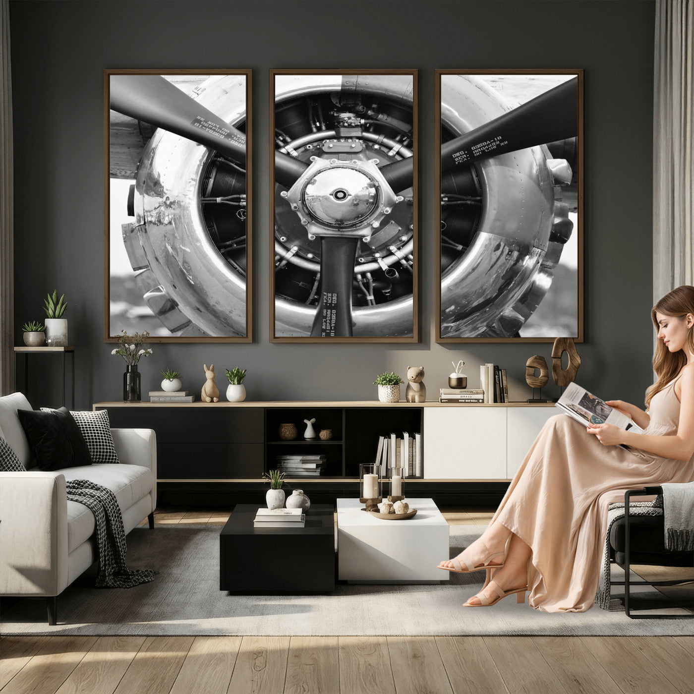 73322230-MGV-CV-36X24 - Vintage Propeller Plane Wall Art Canvas Print, Black and White Airplane Engine Close Up Framed Aviation Artwork for Pilot Office Hangar Decor