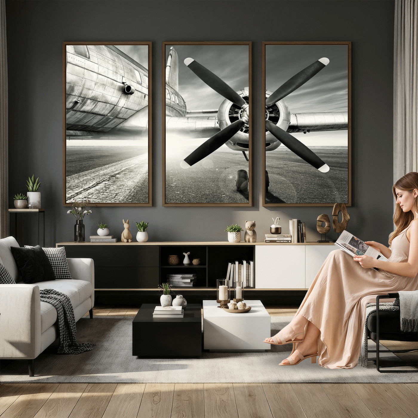 16420255-MGV-CV-36X24 - Vintage Airplane Wall Art Canvas Print, Black and White Propeller Aircraft Framed Aviation Artwork for Pilot Office Hangar Living Room Decor