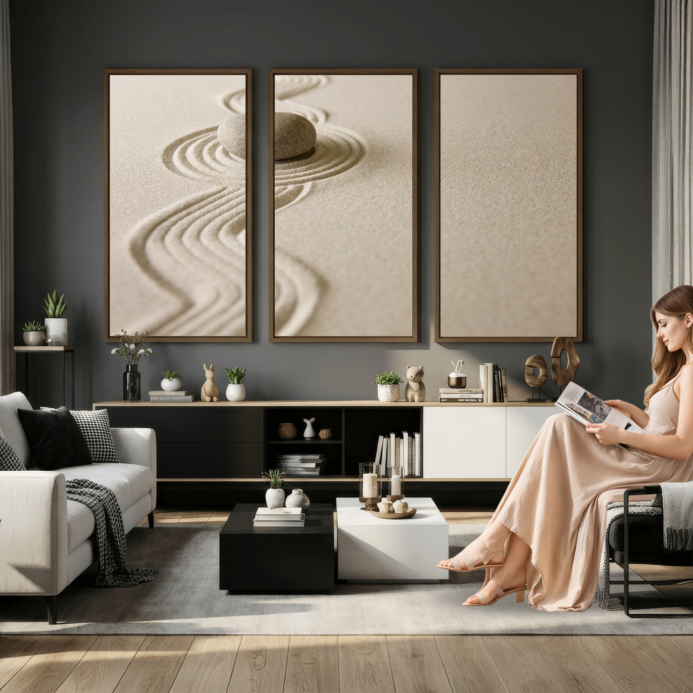 66852661-MGV-CV-36X24 - Zen Garden Stone Sand Canvas | Japanese Rock Garden Wall Art | Minimalist Meditation Print | Neutral Beige Mindfulness Decor
