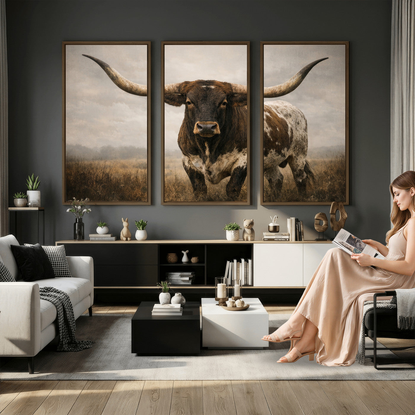 17622011L-MGV-CV-36X24 - Longhorn Bull Wall Art Canvas Print, Western Farmhouse Cowboy Decor, Rustic Texas Ranch Cattle Artwork for Living Room Bedroom Office, Framed Wall Decor