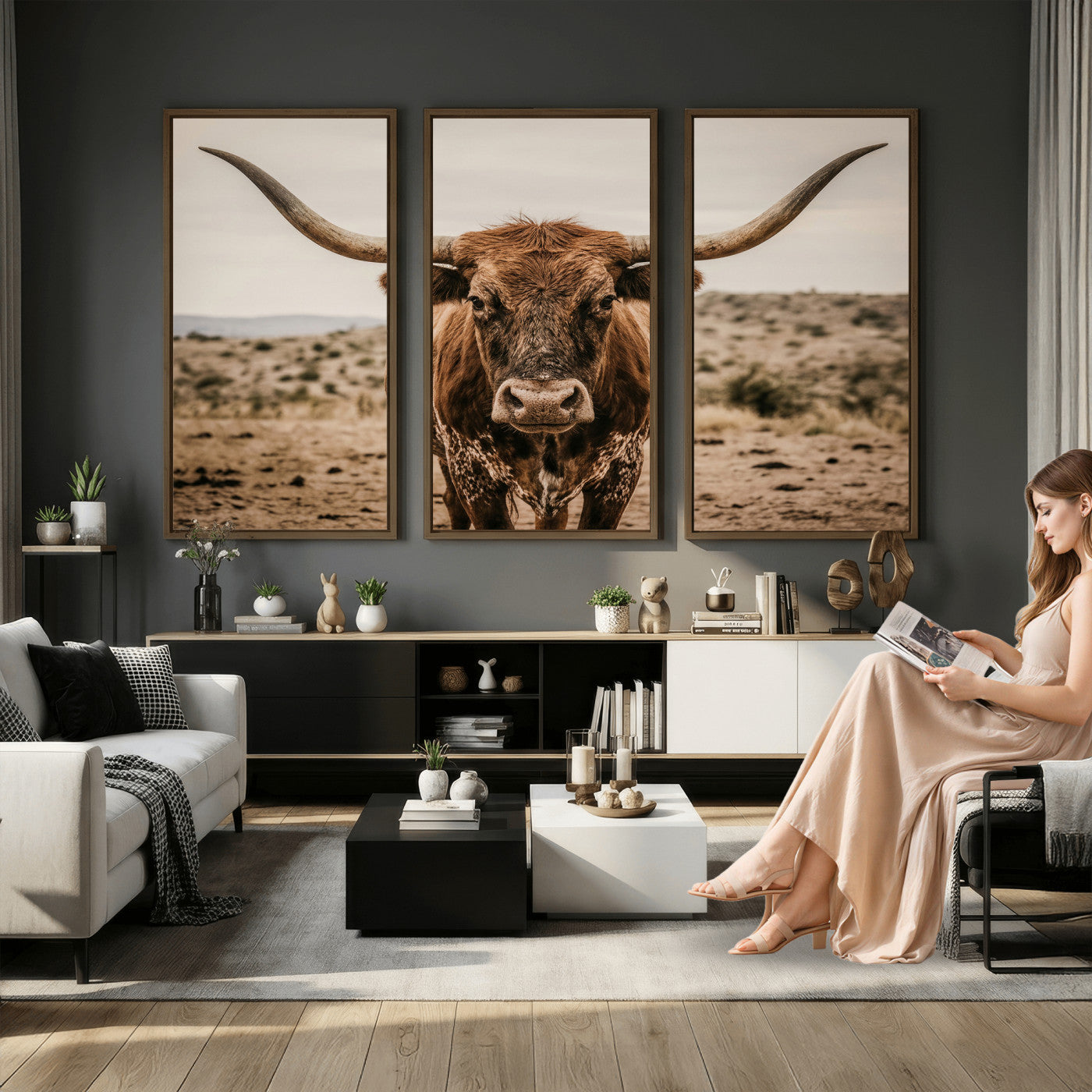 17622011K-MGV-CV-36X24 - Texas Longhorn Bull Wall Art Canvas Print, Western Farmhouse Cowboy Decor, Rustic Texas Ranch Cattle Artwork for Living Room Bedroom Office, Framed Wall Decor