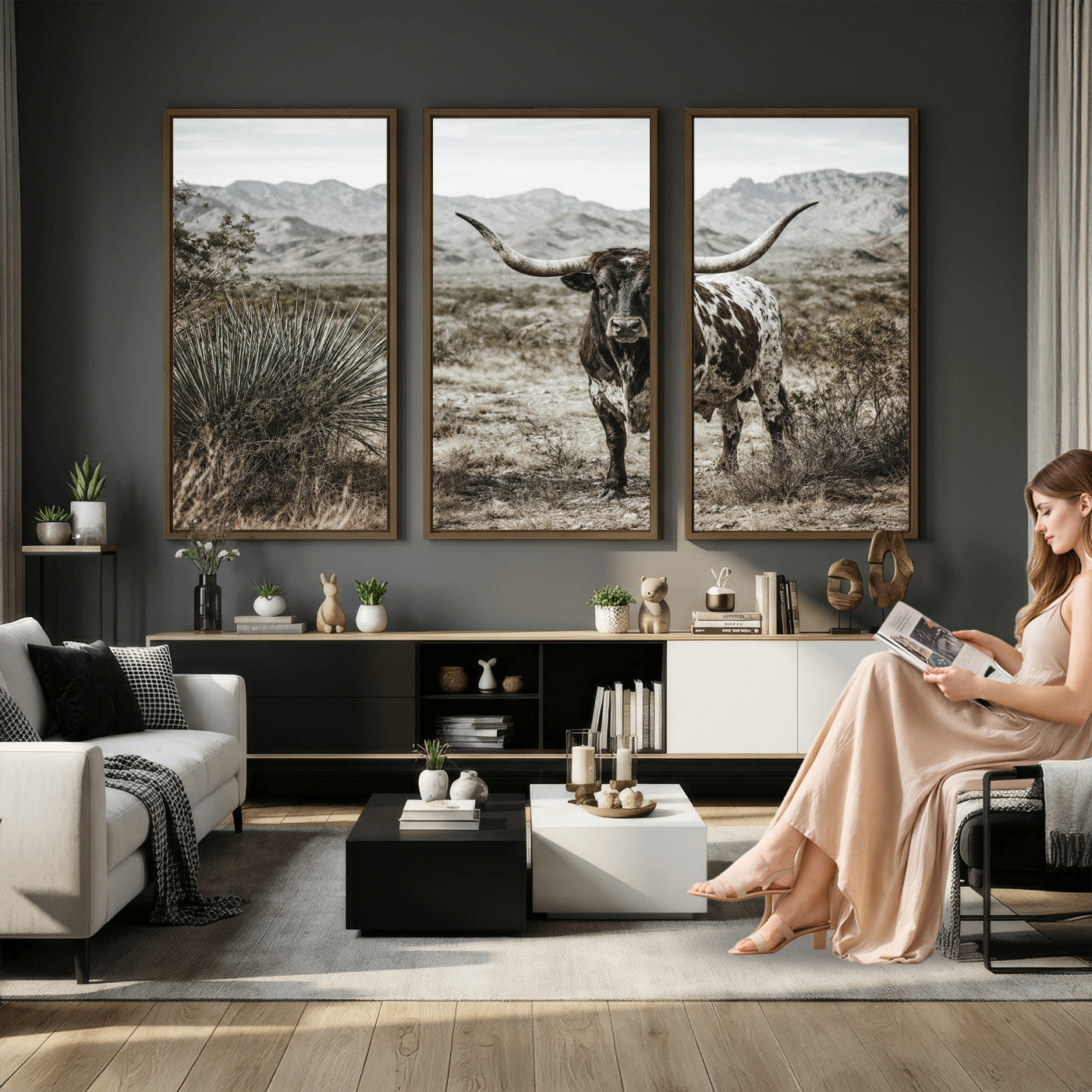 17622011H-MGV-CV-36X24 - Texas Longhorn Bull Wall Art Canvas Print, Western Farmhouse Cowboy Decor, Rustic Texas Ranch Cattle Artwork for Living Room Bedroom Office, Framed Wall Decor