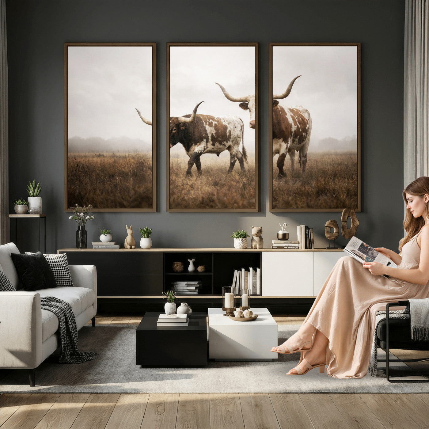 92881702-MGV-CV-36X24 - Texas Longhorn Canvas Wall Art Western Bull Desert Moody Grey Overcast Rustic Farmhouse Framed Large for Living Room Bedroom Office Decor