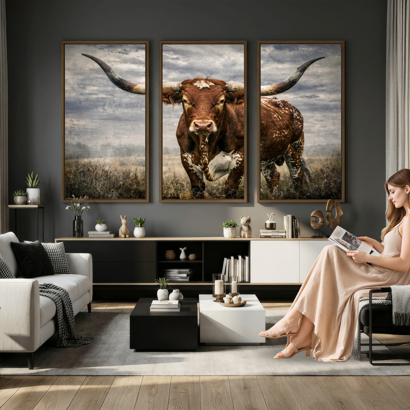 14372769-MGV-CV-36X24 - Texas Longhorn Canvas Wall Art Western Bull Desert Moody Grey Overcast Rustic Farmhouse Framed Large for Living Room Bedroom Office Decor