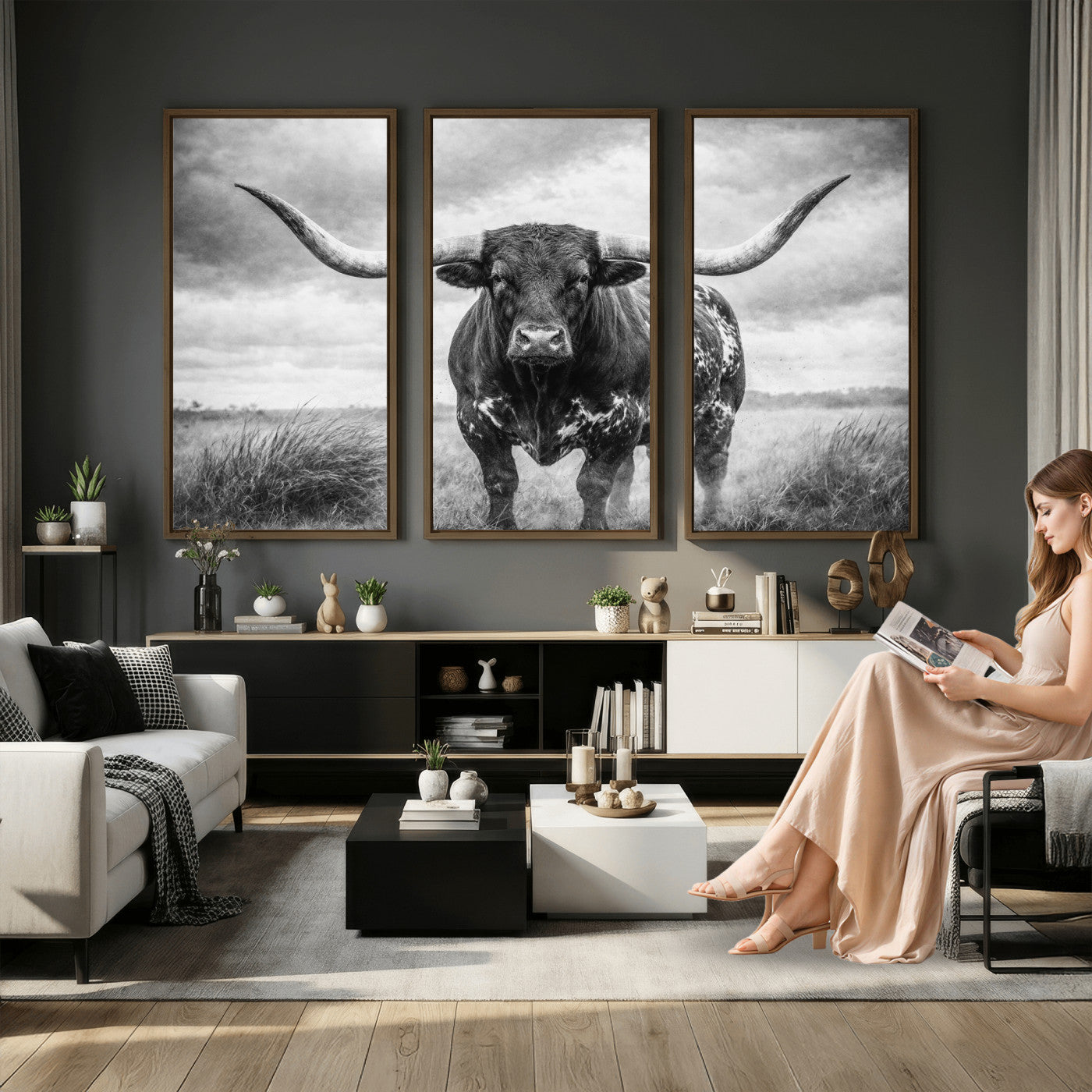19951238-MGV-CV-36X24 - Texas Longhorn Canvas Wall Art Western Bull Desert Moody Grey Overcast Rustic Farmhouse Framed Large for Living Room Bedroom Office Decor