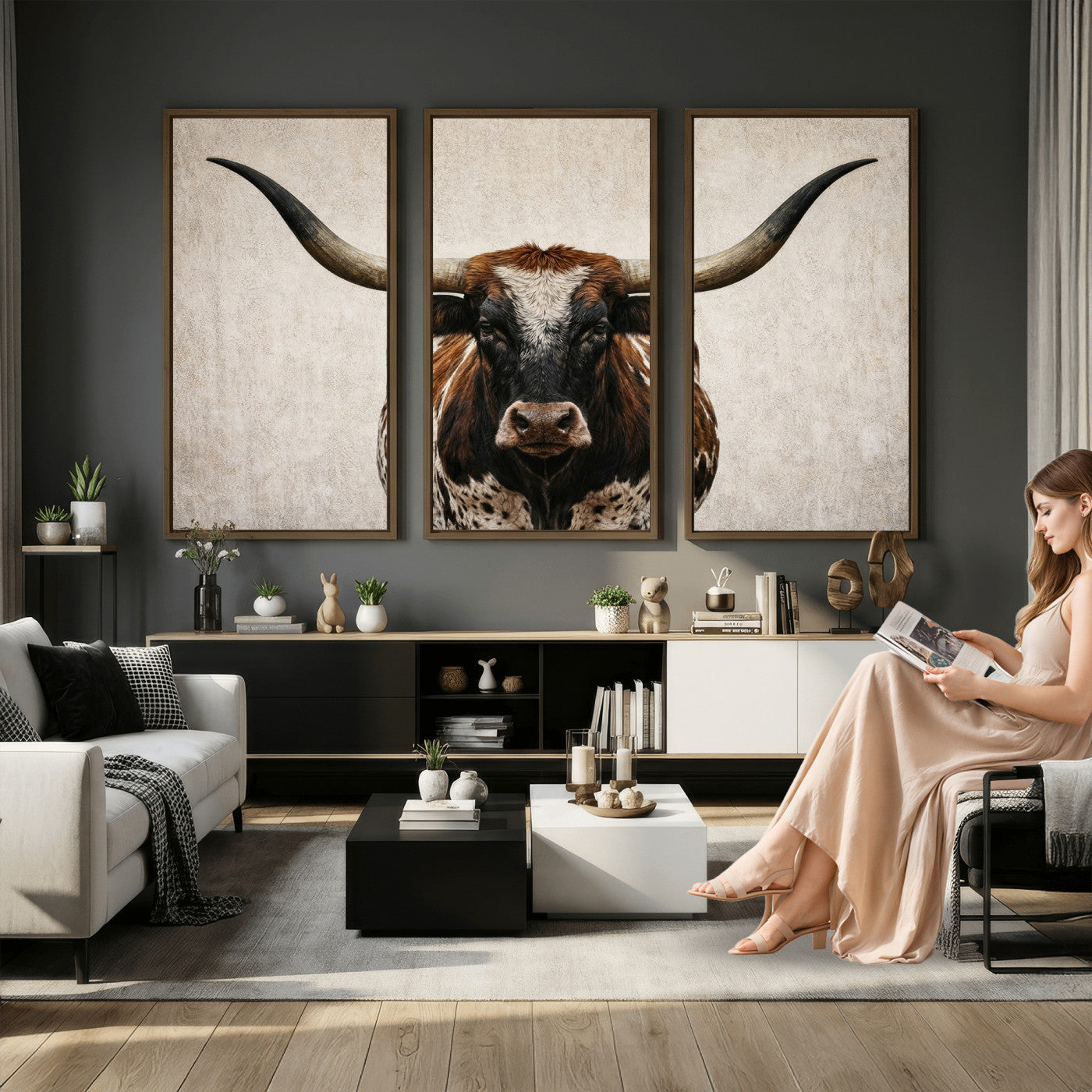 58622065-MGV-CV-36X24 - Texas Longhorn Canvas Wall Art Western Bull Desert Moody Grey Overcast Rustic Farmhouse Framed Large for Living Room Bedroom Office Decor