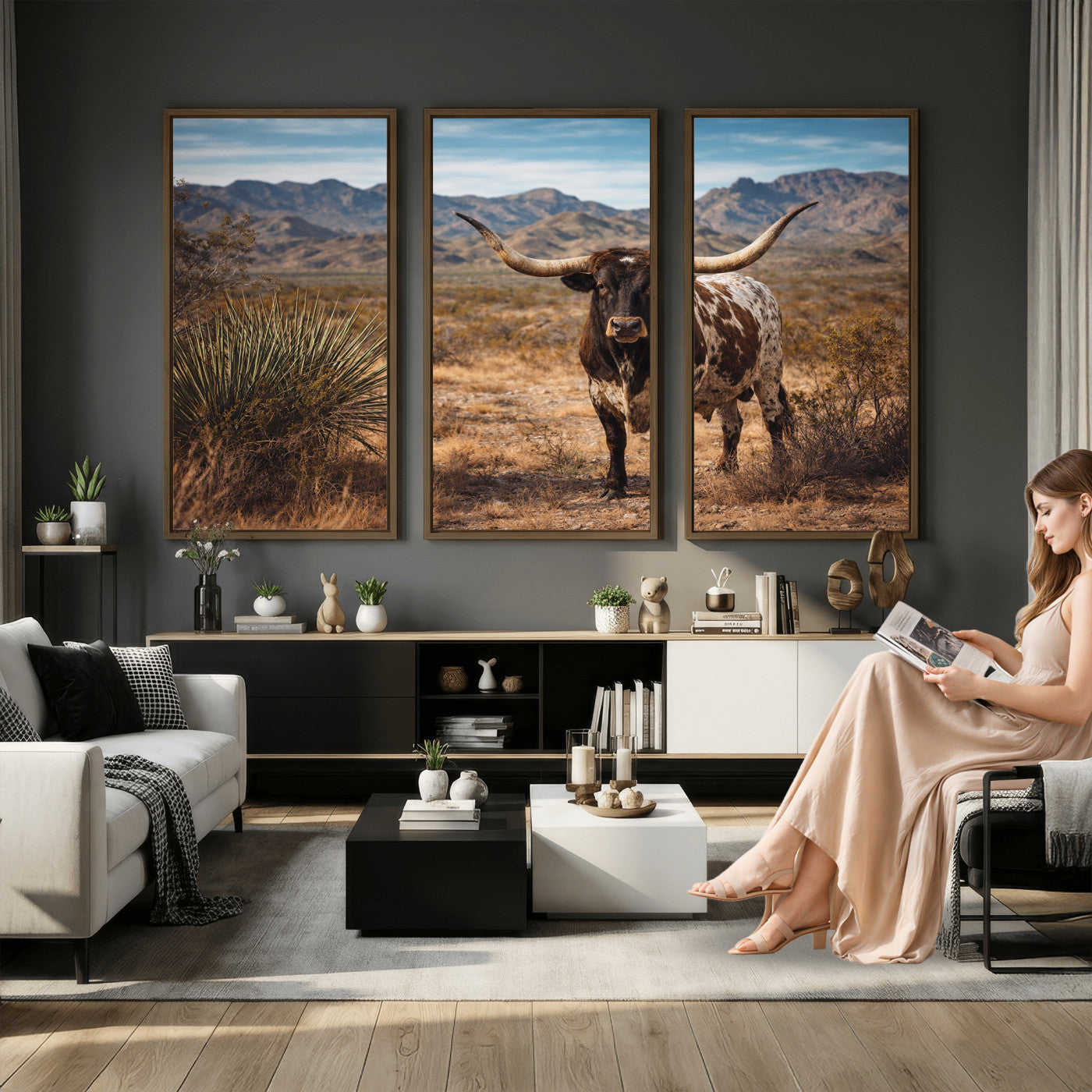 26448918-MGV-CV-36X24 - Texas Longhorn Canvas Wall Art Western Bull Desert Moody Grey Overcast Rustic Farmhouse Framed Large for Living Room Bedroom Office Decor