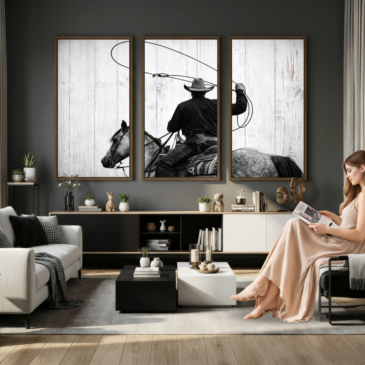 22569358-MGV-CV-36X24 - Cowboy Lasso Canvas Wall Art, Black White Western Horse Photo Print, Rustic Ranch Rodeo Decor, Farmhouse Western Art, Cowboy Gift for Him