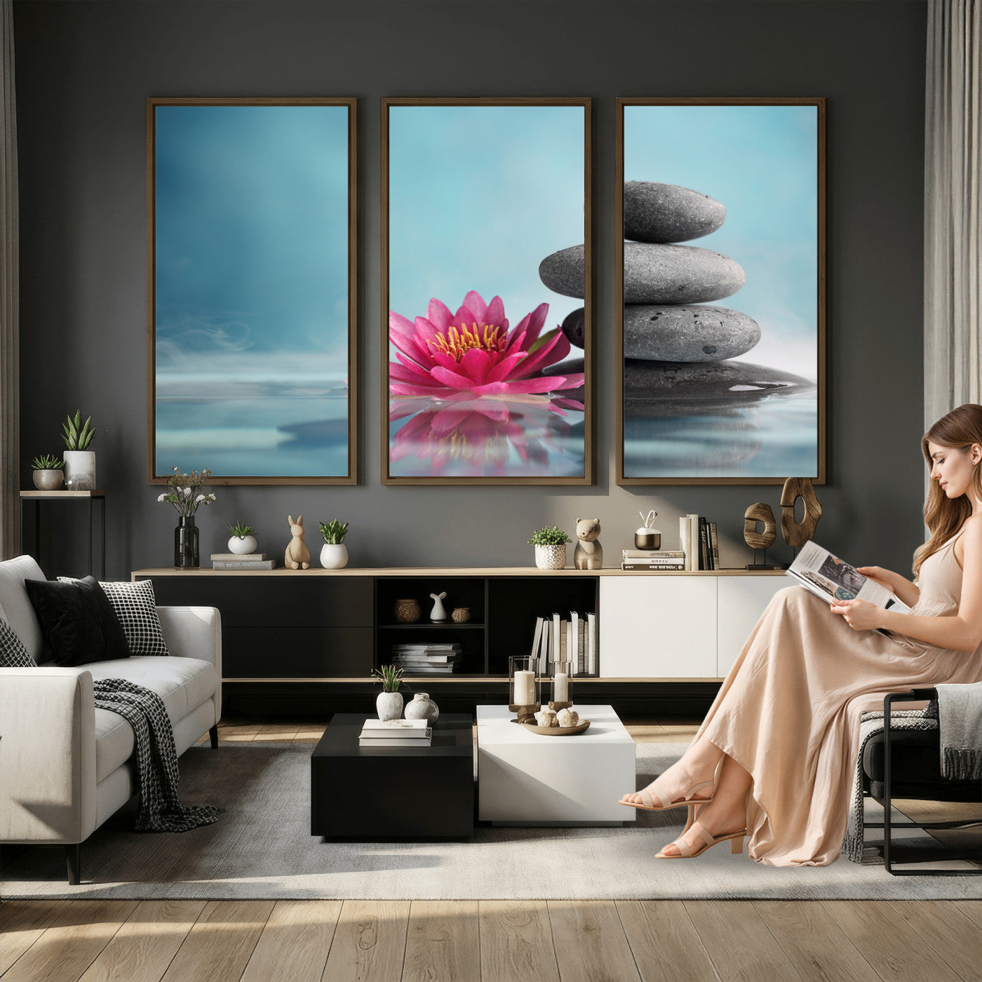 84293154-MGV-CV-36X24 - Zen Canvas Wall Art Lotus Flower Stacked Stones Teal Spa Meditation Relaxation Framed Large for Bathroom Bedroom Living Room Office Decor