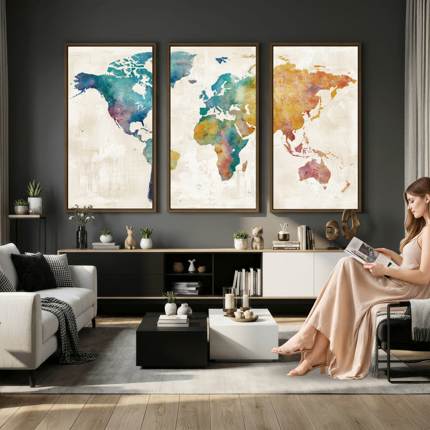 56556018-MGV-CV-36X24 - Watercolor World Map Canvas Wall Art Print – Abstract Colorful Travel Wall Decor