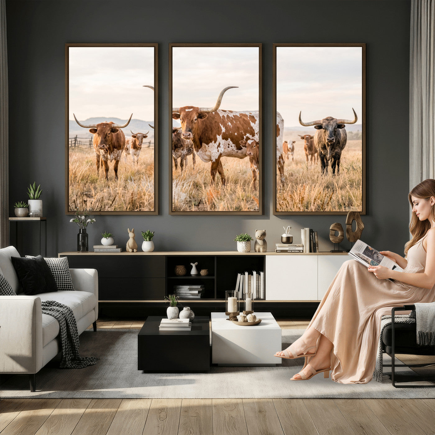 62336425AC-MGV-CV-36X24 - Texas Longhorn Canvas Wall Art, Rustic Farm Animal Photography Print, Farmhouse Country Decor, Western Ranch Art