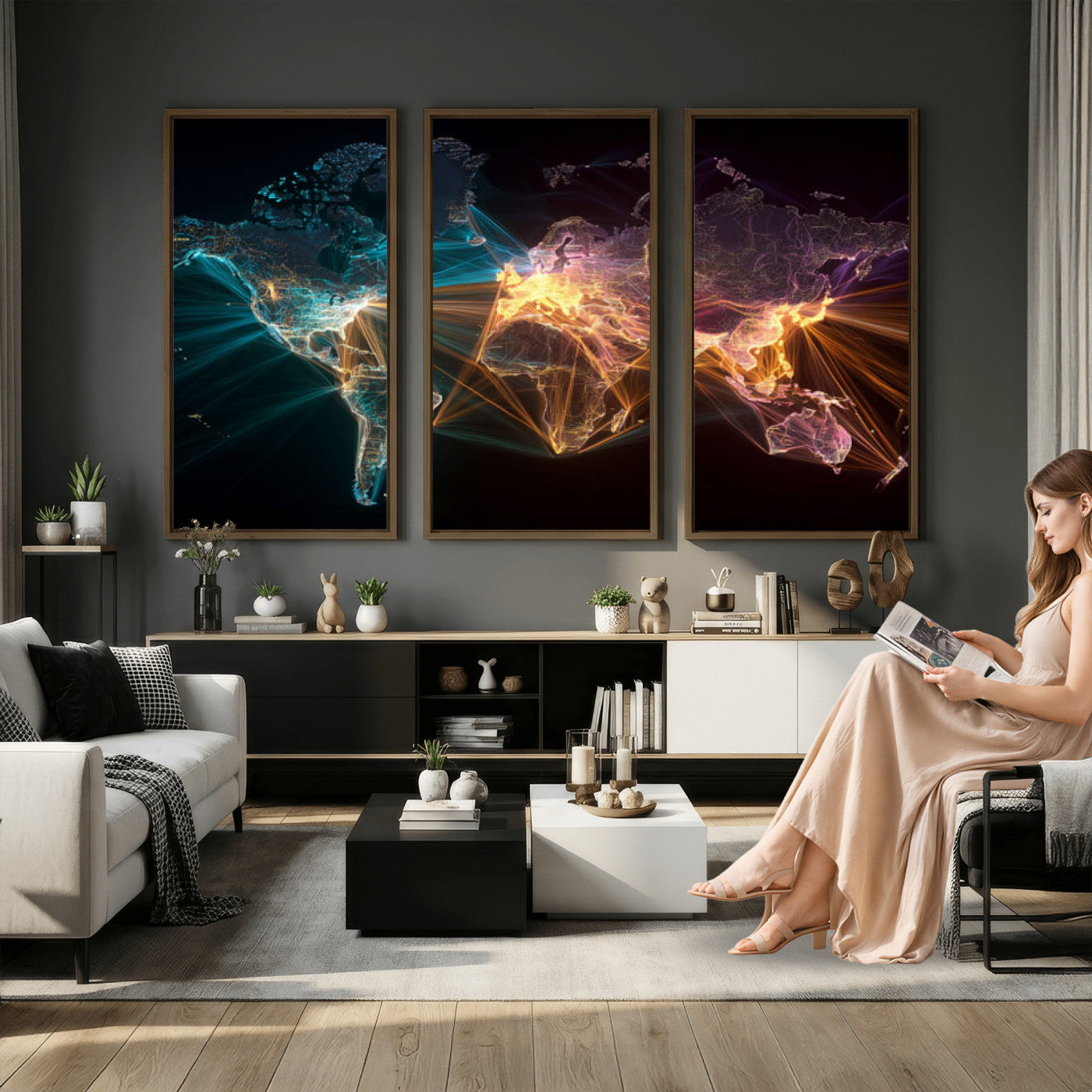 14891737-MGV-CV-36X24 - World Map and Global Flight Routes Map Canvas Wall Art, Worldwide Aviation Network Print, International Air Travel Wall Decor