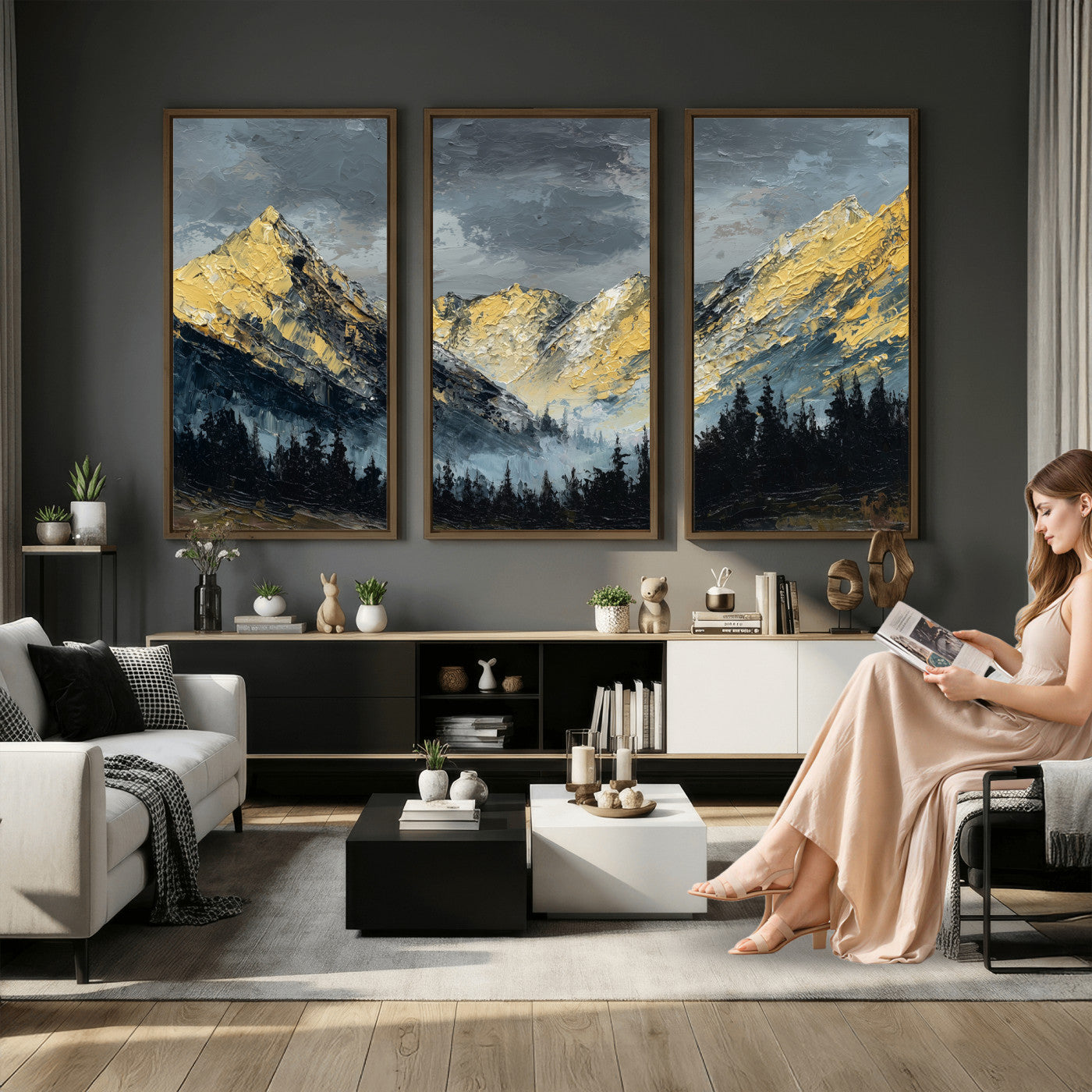 86912101-MGV-CV-48X32-3P - Abstract Mountain Wall Art Canvas Print Modern Landscape Painting Print